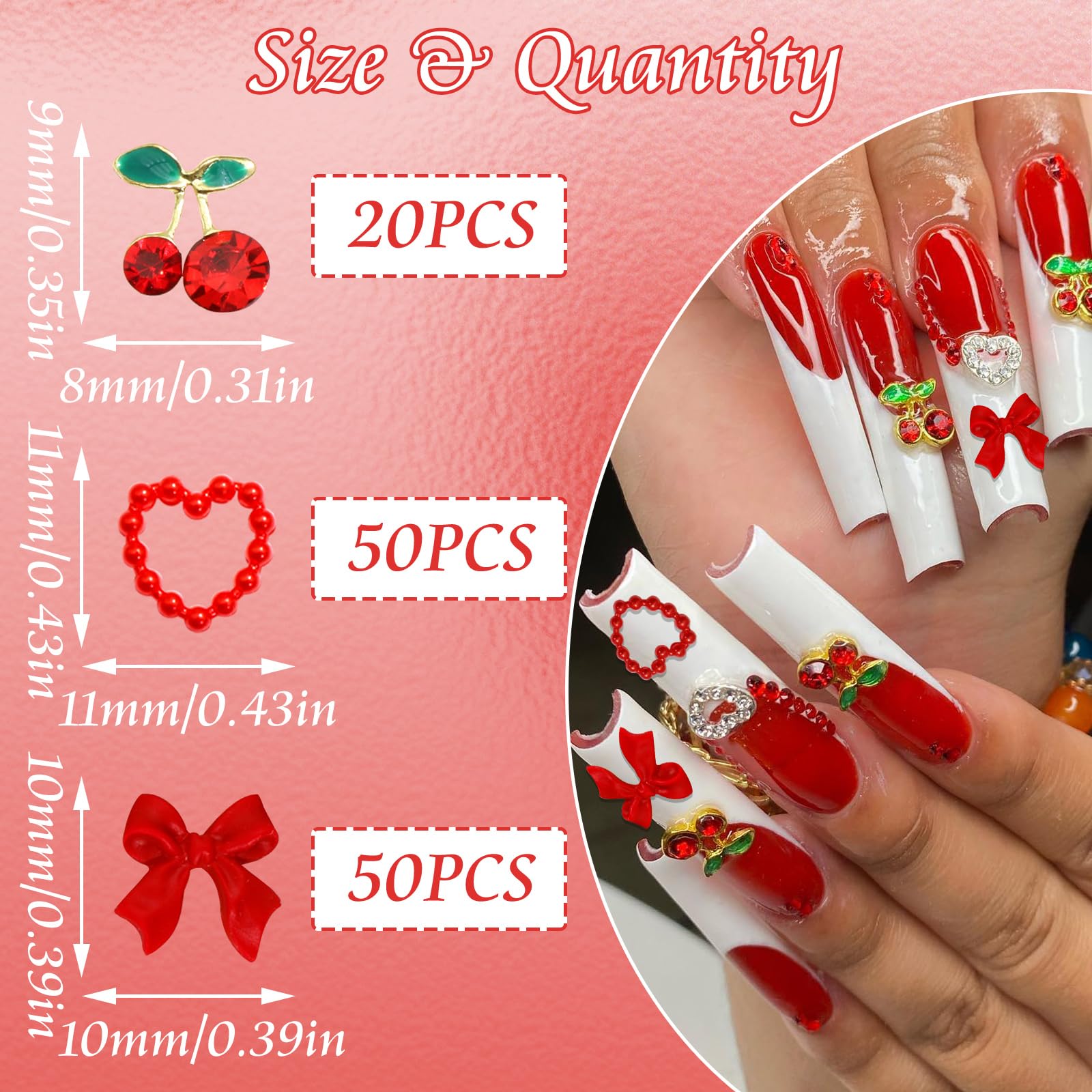 BELICEY 120Pcs Red Acrylic Bow & Heart Flatback Nail Charms - Alloy Cherry Nail Decorations with Rhinestones for DIY Manicure & Nail Art - Perfect for Women's Nail Design, Party Nails, and Professional Salon Use