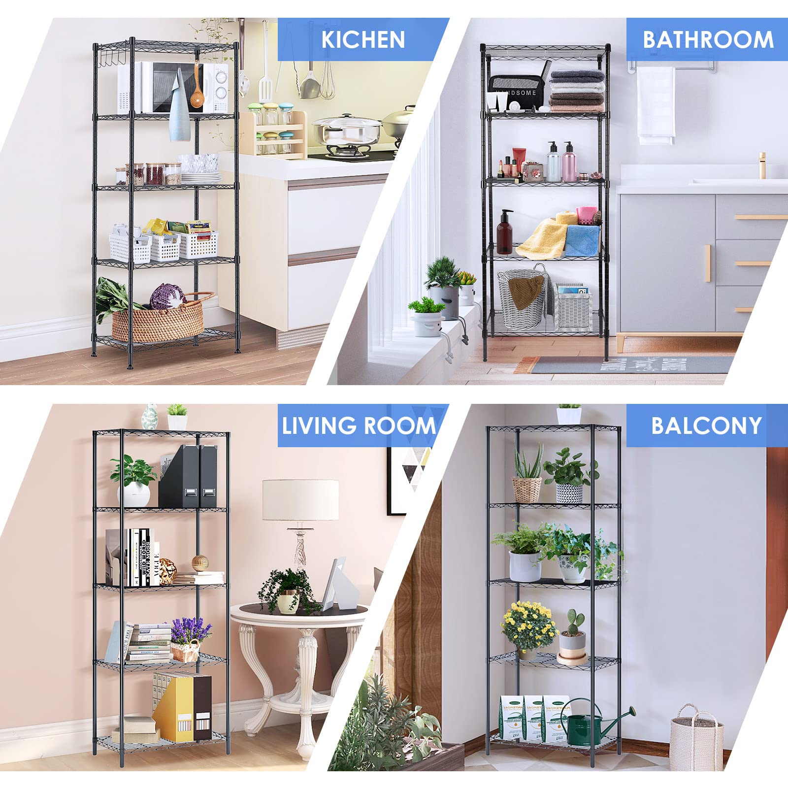 5-Tier Adjustable Wire Shelving Rack - Heavy Duty Metal Storage Shelves with Leveling Feet - 11.5