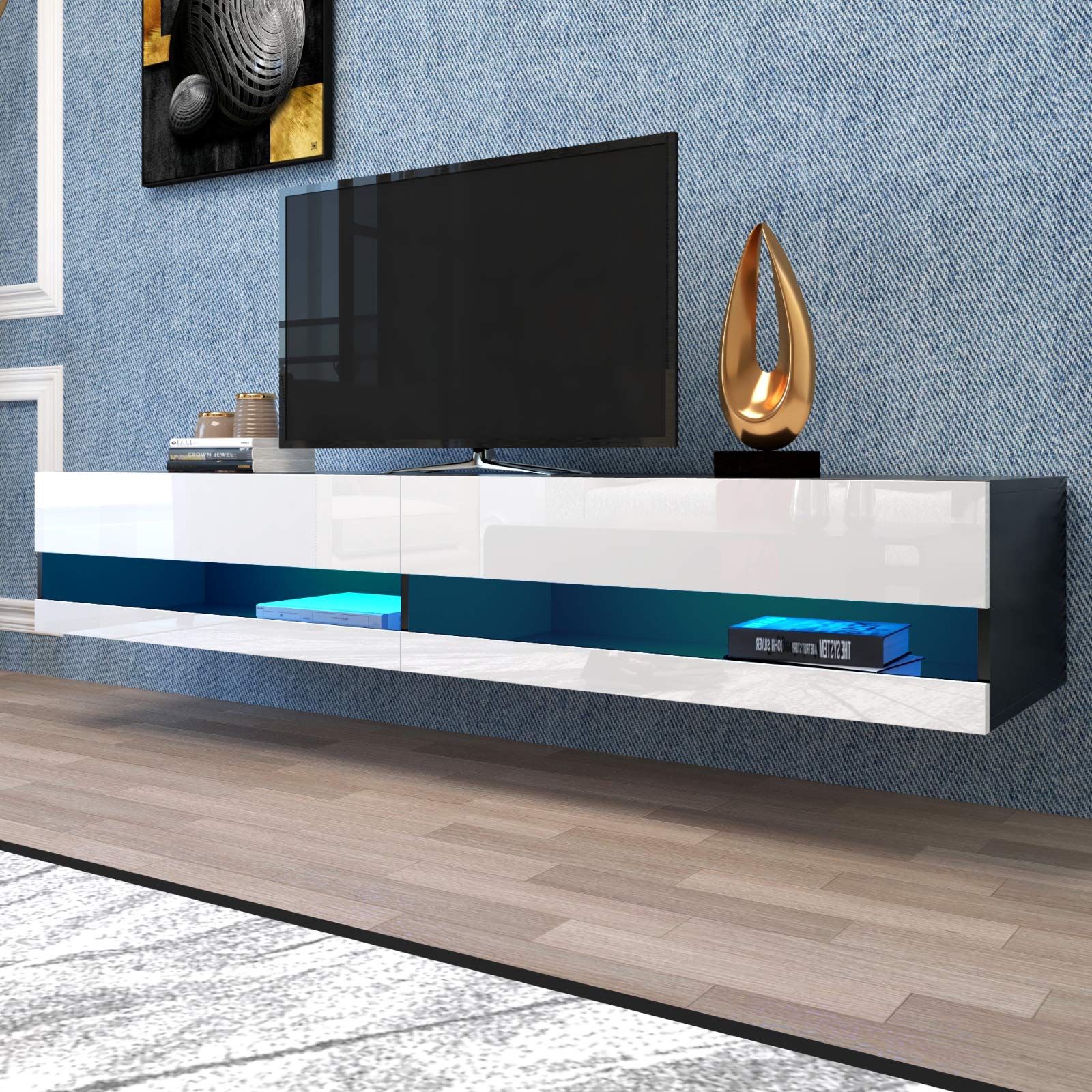 Floating TV Stand with LED Lights - Wall Mounted Entertainment Center with Large Storage Space for TVs Up to 80 Inch - Modern TV Console & Media Furniture for Living Room, Bedroom, Home Theater (White) - Perfect for Small Spaces & Stylish Home Decor