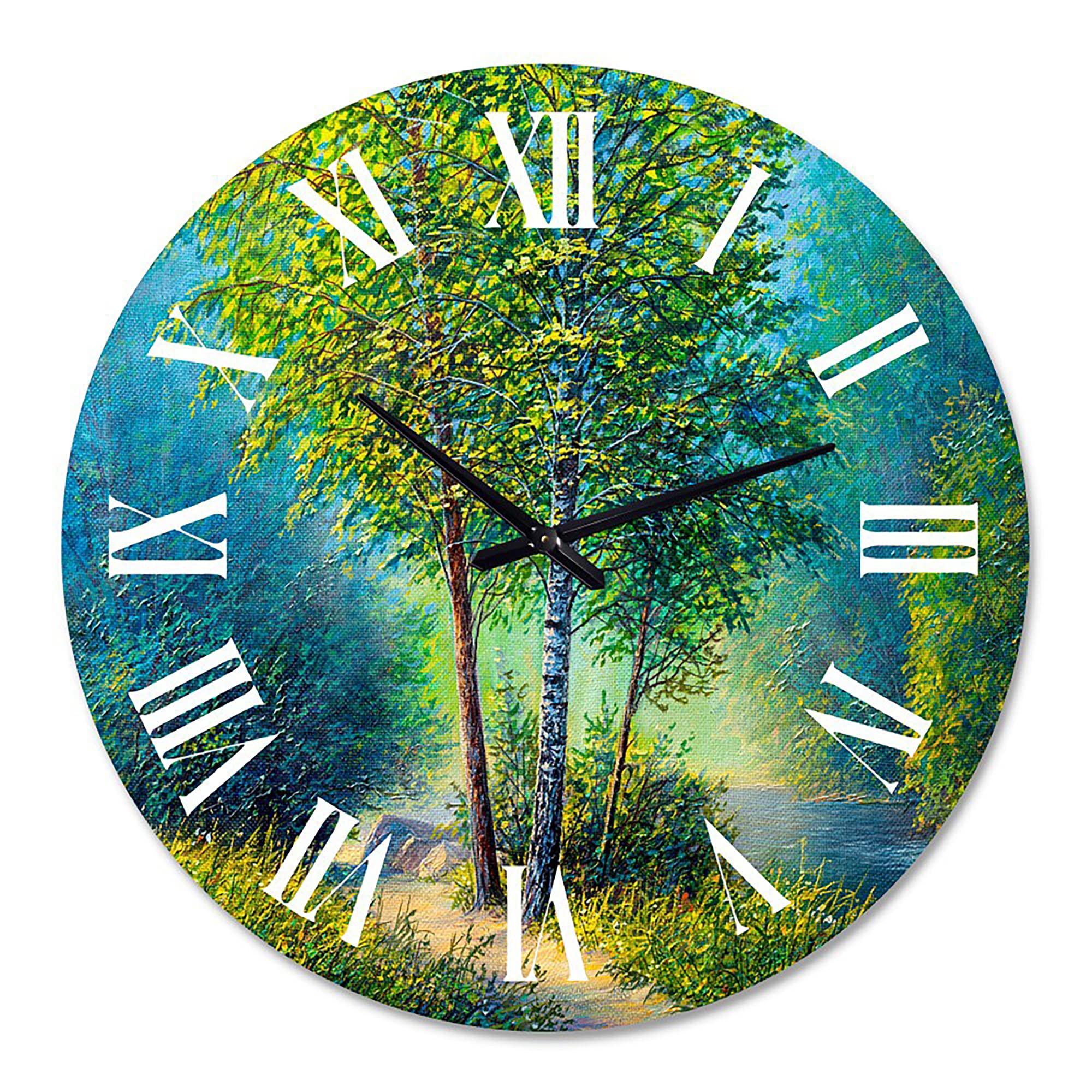 DesignQ Lake House Wall Clock - Large 3 Vibrant Trees by The River Landscape Nature Wall Clock for Kitchen, Living Room, Bedroom Decor | Perfect for Farmhouse, Rustic & Coastal Home Décor