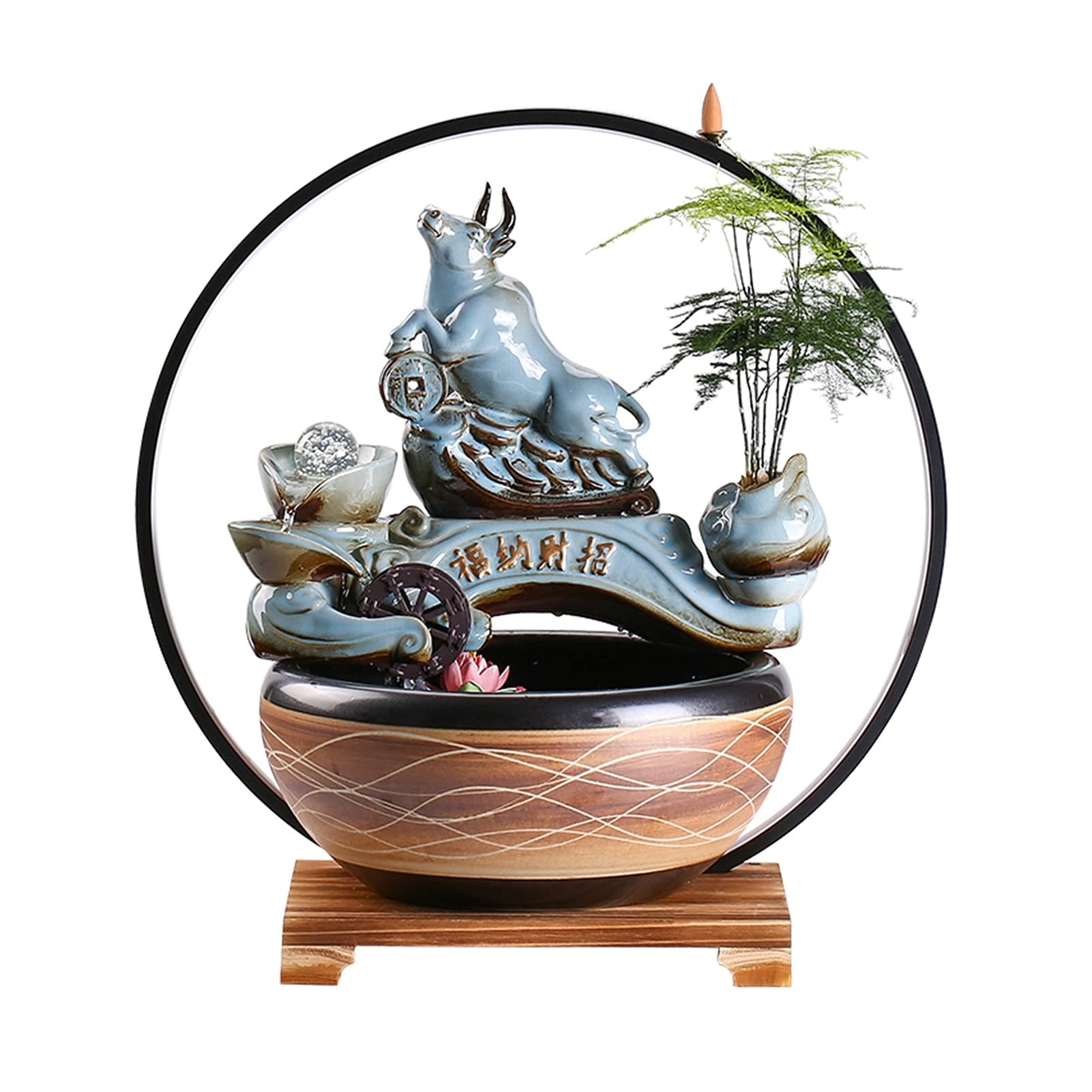 Chinese Style Indoor Tabletop Fountain - Ceramic Flowing Water Ornament with LED Lights, Feng Shui Meditation Fountain for Home & Office Decor, Relaxation & Zen Atmosphere