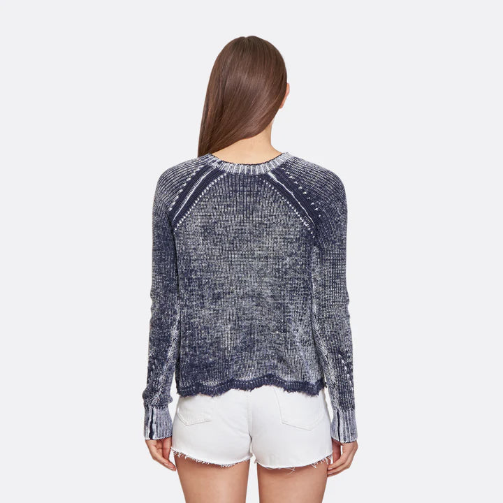 Distressed Inked Scallop Shaker V Neck T-Shirt - Navy Blue Vintage Washed Cotton Tee for Women | Casual Wear, Layering & Street Style Outfits