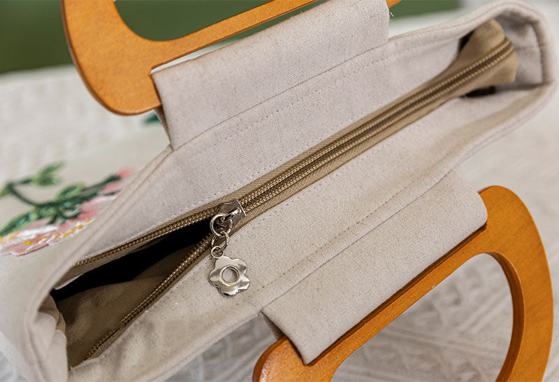 Elegant Green Beige Embroidered Linen Tote Bag with Wooden Handle - Perfect for Beach, Shopping & Boho Fashion Accessories