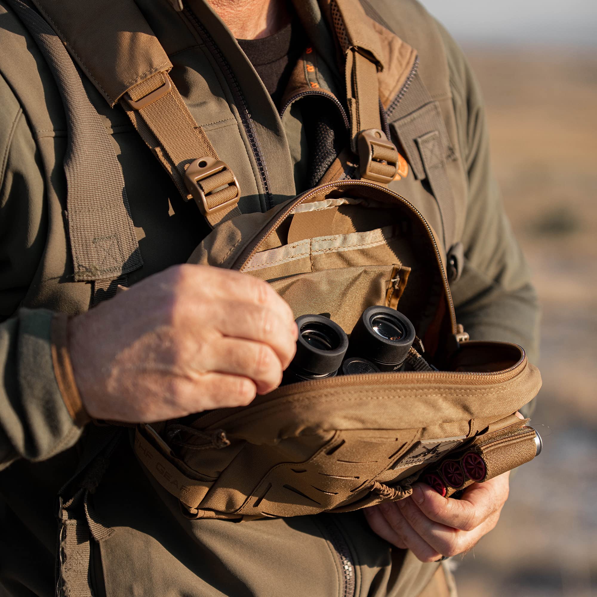 FHFGEAR Binocular Harness - Comfortable & Adjustable Bino Bucket for Hunting, Hiking & Outdoor Adventures - Perfect for Binoculars, Rangefinders & Outdoor Gear Storage