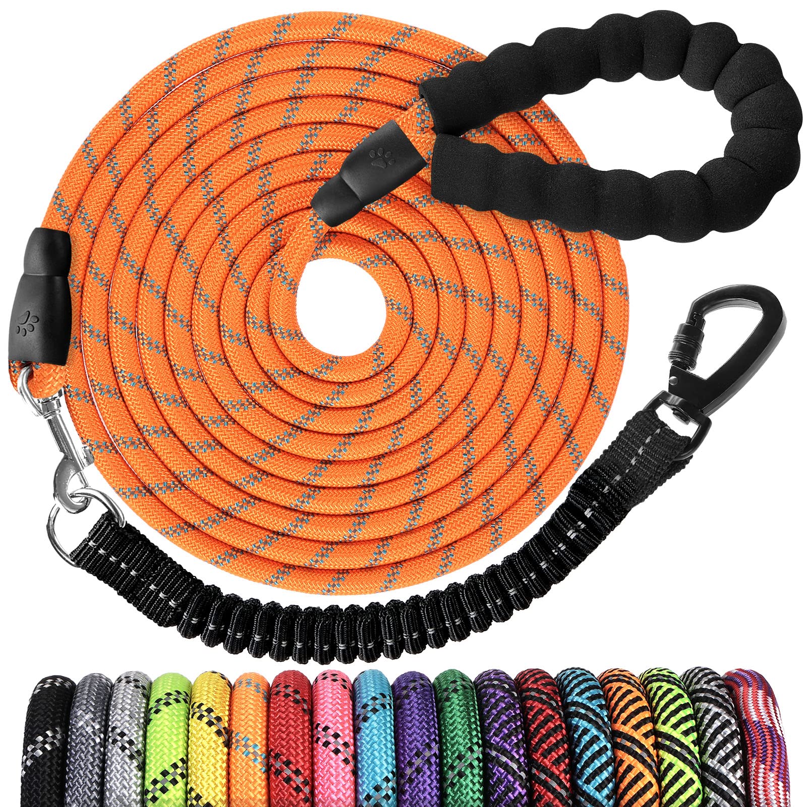 50 FT Heavy Duty Dog Leash for Training - Long Reflective Rope Leash with Swivel Locking Hook, Bungee Shock Absorber & Padded Handle - Durable Outdoor Walking Lead for Small, Medium & Large Dogs (Orange) - Perfect for Hiking, Jogging and Backyard Playtime