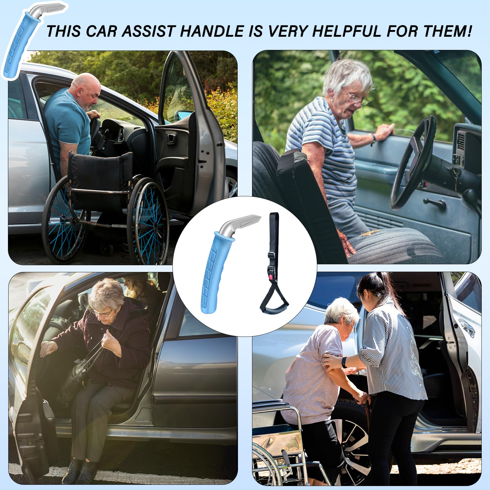 Elderly Car Door Handle - Portable Assist Grab Bar for Seniors & Handicapped | Vehicle Mobility Aid with Non-Slip Grip (Blue, 1 Pack + Strap) | Ideal for Easy Car Entry/Exit & Improved Accessibility