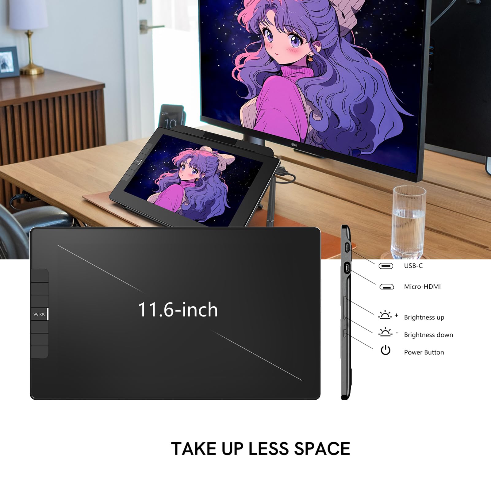 VEIKK VK1200 V2 11.6-inch Drawing Tablet with Screen - Full-Laminated Graphic Monitor, Battery-Free Stylus with Tilt Support, 6 Customizable Shortcut Keys, Anti-Glare Glass - Perfect for Digital Art, Animation & Design (PC Connection Required)
