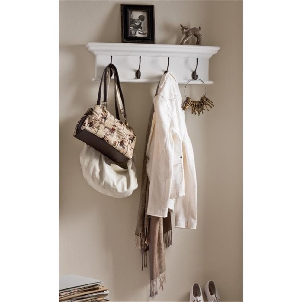 NovaSolo Halifax 4-Hook Wall Mounted Coat Rack with Top Shelf - Solid Mahogany Wood in Pure White Finish | Perfect for Entryway, Bedroom, or Mudroom Organization