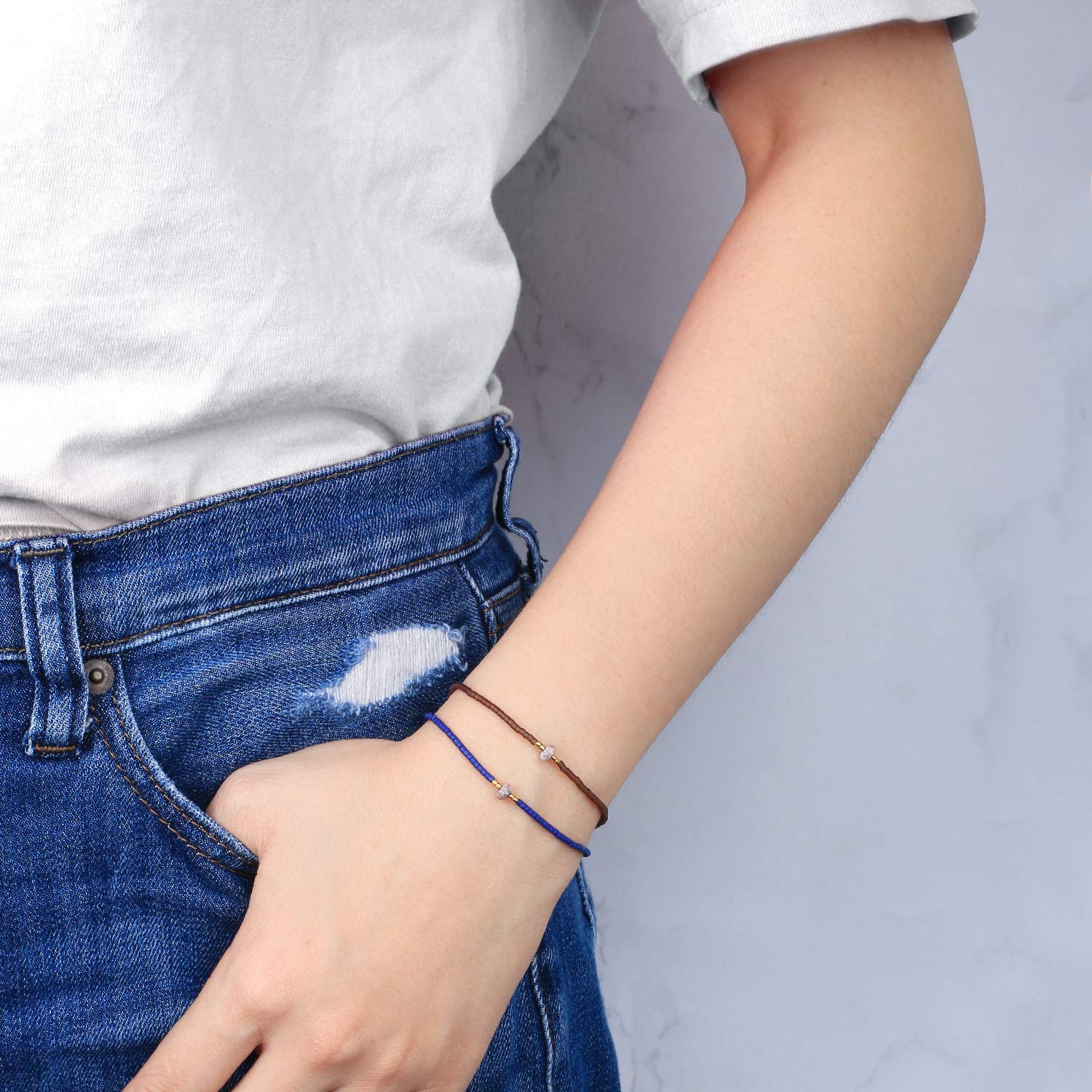 KELITCH Agate Seed Beads Friendship Bracelets for Women - Thin Beaded Bracelet Set - Natural Stone Beaded Jewelry for Beach, Summer, Boho Style & Gifts