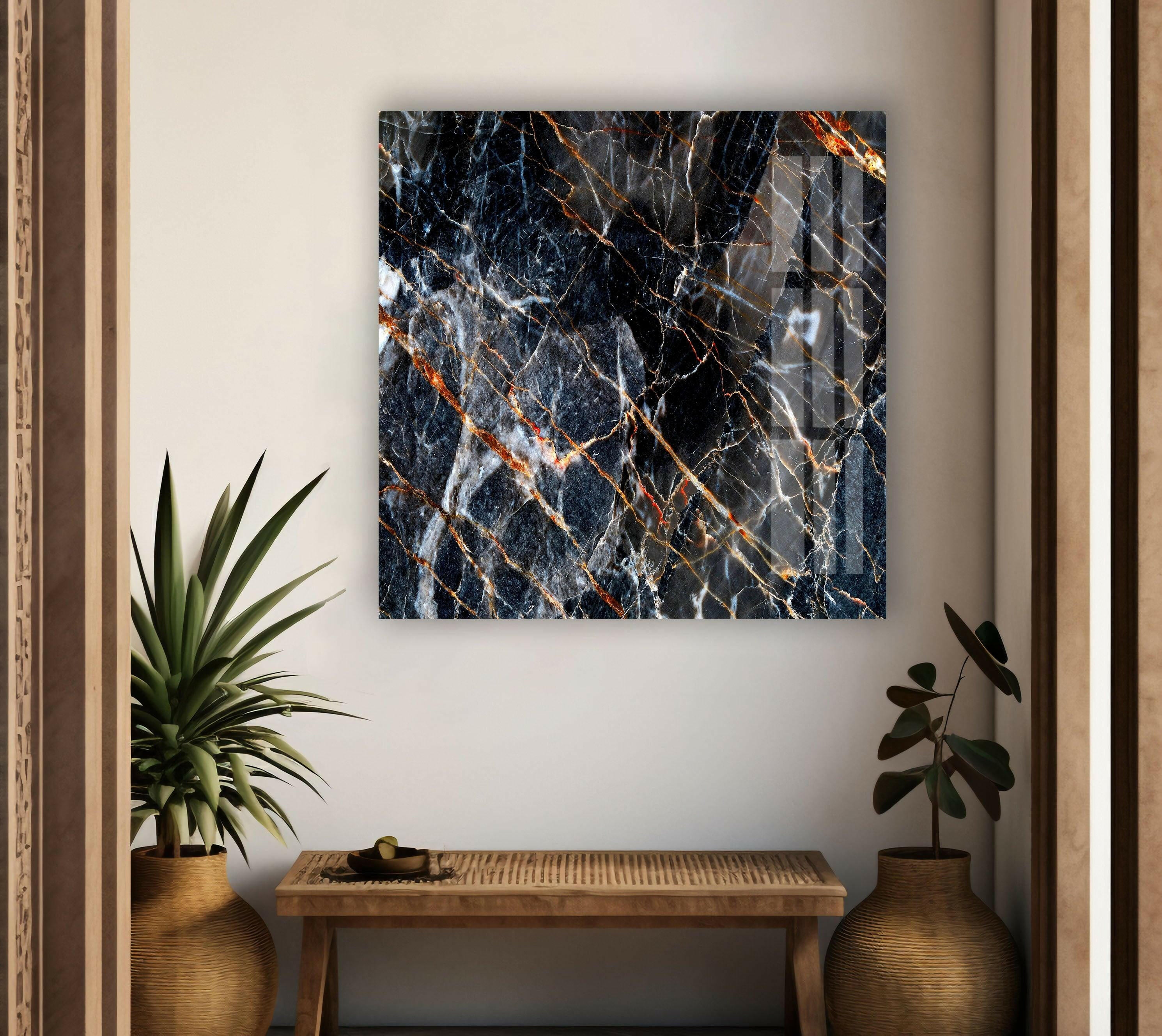 Modern Black Abstract Marble Glass Wall Art Decor - Elegant Home & Office Wall Decor for Living Room, Bedroom, Dining Area