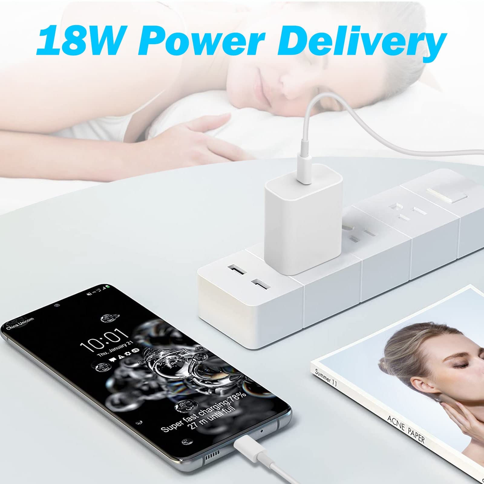 18W PD Fast Charger USB C Wall Charger with 6.6ft USB-C to USB-C Cable - Rapid Charging for ZTE Nubia Red Magic 5S, Google Pixel, Samsung Galaxy & More - Perfect for Home, Office & Travel