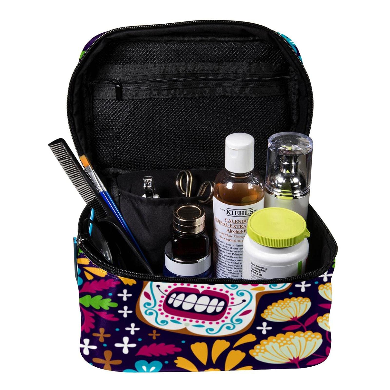 Sugar Skull Floral Guitar Pattern Travel Makeup Bag - Large Cosmetic Organizer with Zipper for Women & Girls - Perfect for Travel, Gym, and Daily Makeup Storage