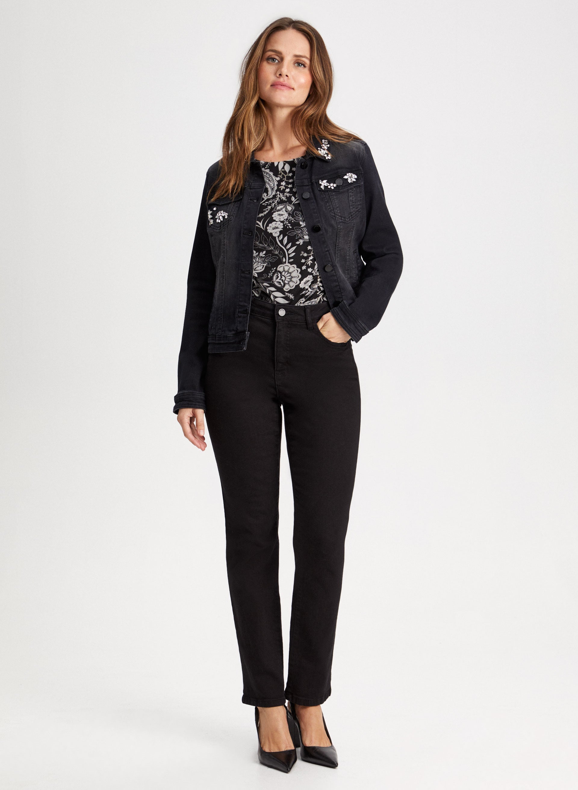Stylish Women's Denim Jacket with Vintage Paisley Print Top - Casual Chic Outfit for Spring & Fall Fashion | Perfect for Streetwear, Date Nights & Weekend Outings