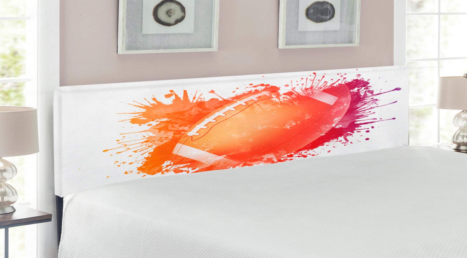 Ambesonne King Size Upholstered Sports Headboard - Rugby Ball Watercolor Design with Memory Foam, Orange Red | Perfect for Sports-Themed Bedrooms, Game Rooms & Athletic Decor