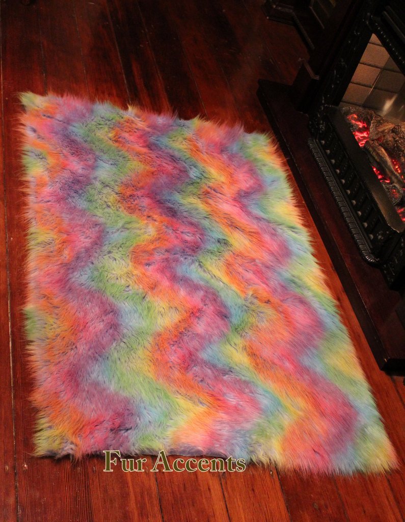 Soft Rainbow Faux Fur Shag Area Rug 50''x60'' - Plush Sheepskin Oval Rug for Living Room, Bedroom & Nursery Decor