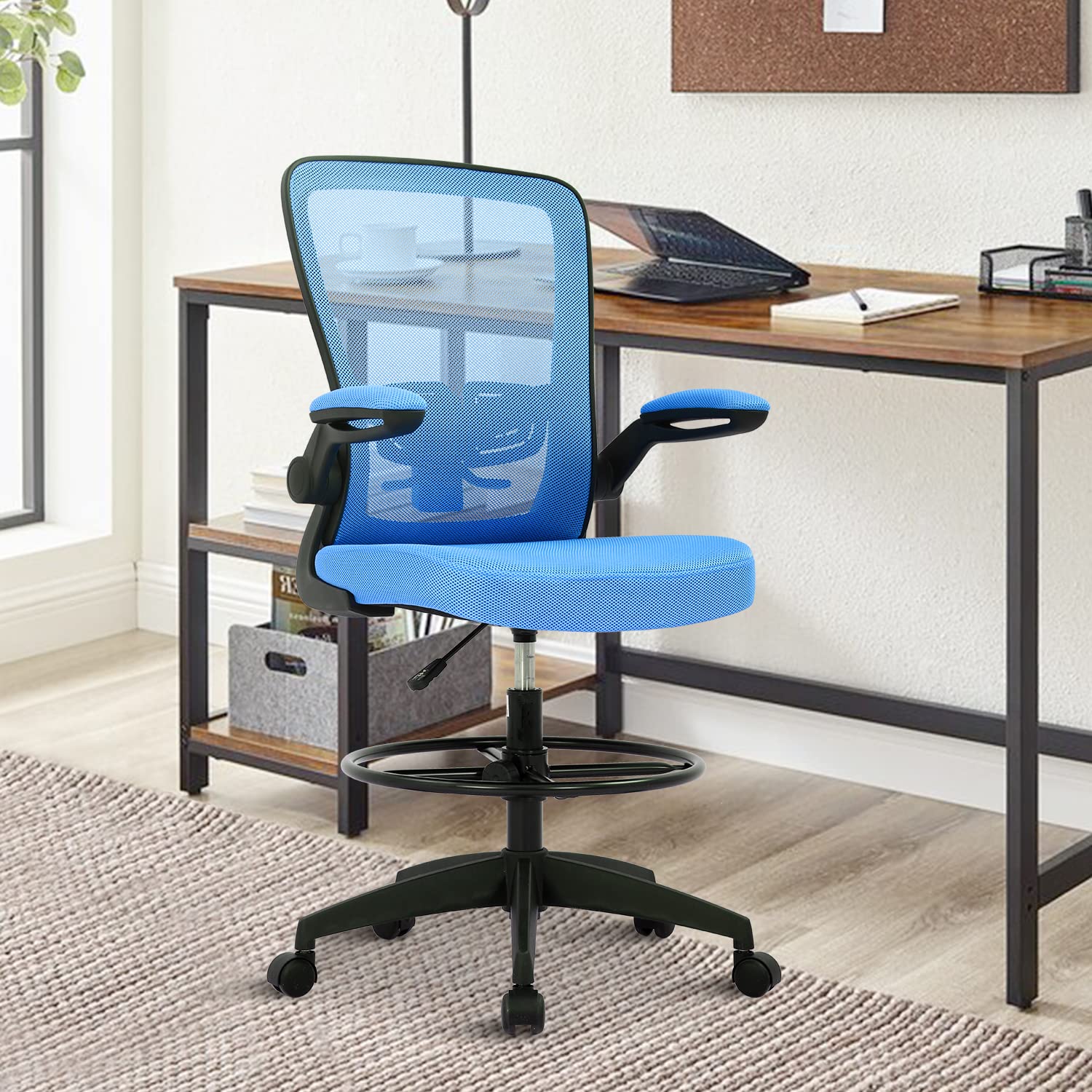 Ergonomic Drafting Chair with Lumbar Support & Flip-Up Arms - Adjustable Height Swivel Office Chair with Footrest & Rolling Casters - Mesh Mid Back Computer Chair for Standing Desk - Blue - Perfect for Architects, Designers & Home Office Workspaces