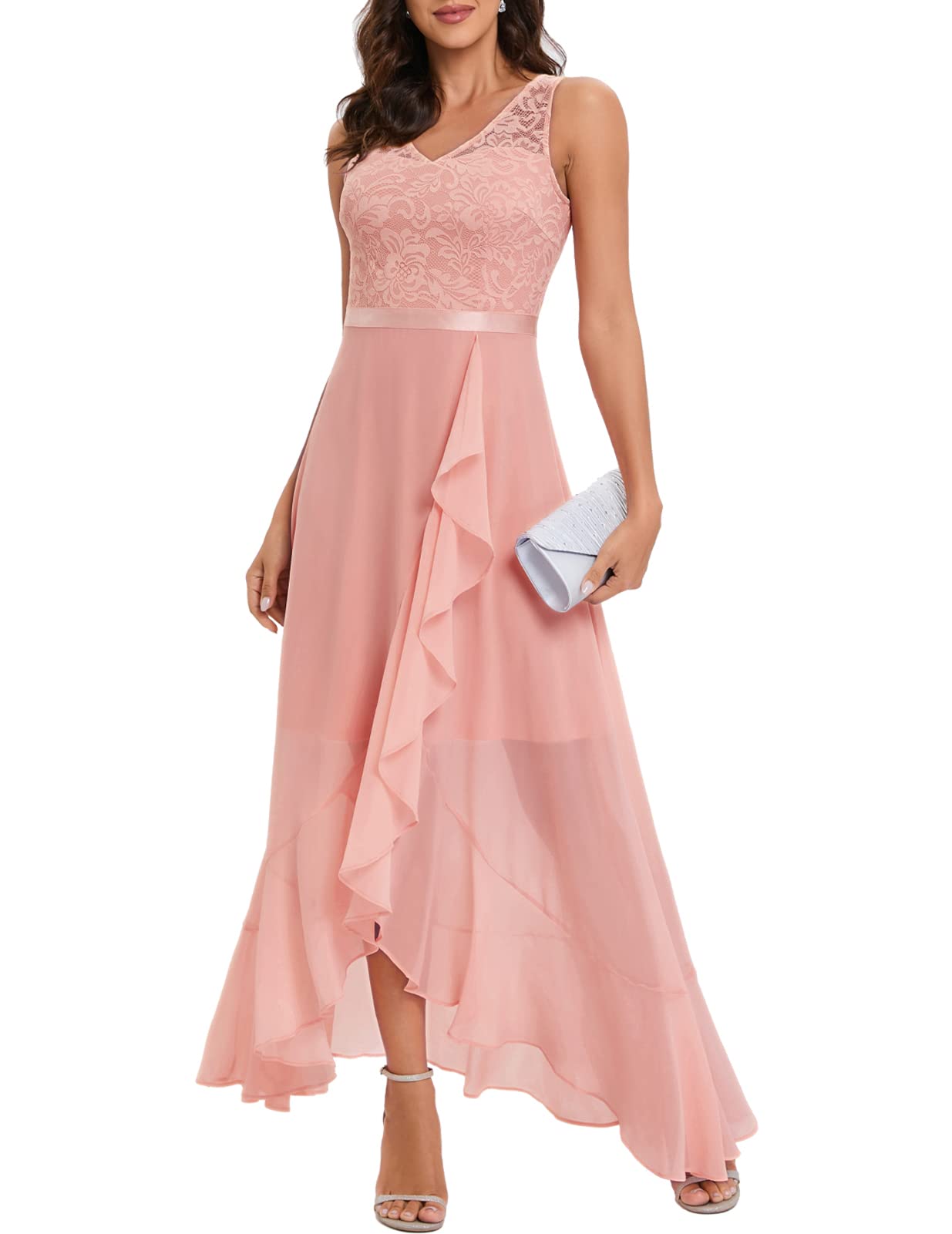 Elegant Long Lace Chiffon Wedding Guest Dress for Women - A-line Formal Bridesmaid Dress with Ruffle Asymmetrical Hem | Perfect for Weddings, Parties, and Special Occasions