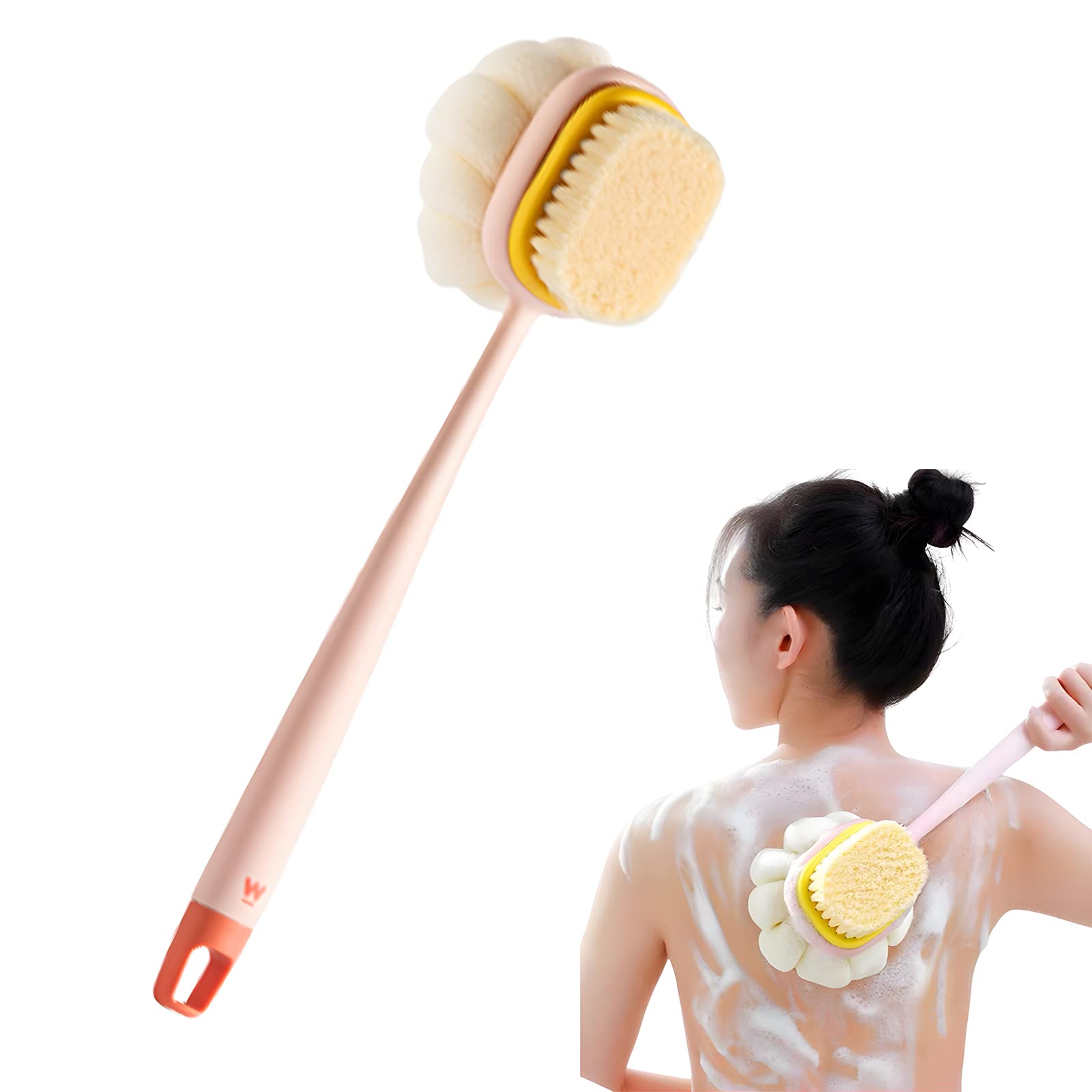 JH DREAM 2 in 1 Shower Brush with Bristles & Loofah - Long Handle Back Scrubber & Body Exfoliator for Men & Women - Perfect for Deep Cleansing & Skin Renewal - Ideal for Bath, Spa & Self-Care Routine (Pink, 14 Inch)