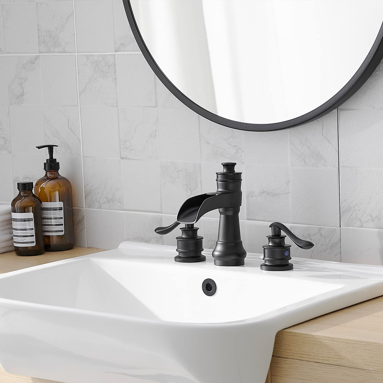 BATHLAVISH Matte Black Widespread Bathroom Faucet Set - 3 Hole 2 Handle Waterfall Farmhouse Sink Faucet with Pop Up Drain Assembly | Modern Vanity Bathroom Upgrade for Home & Hotel Renovation