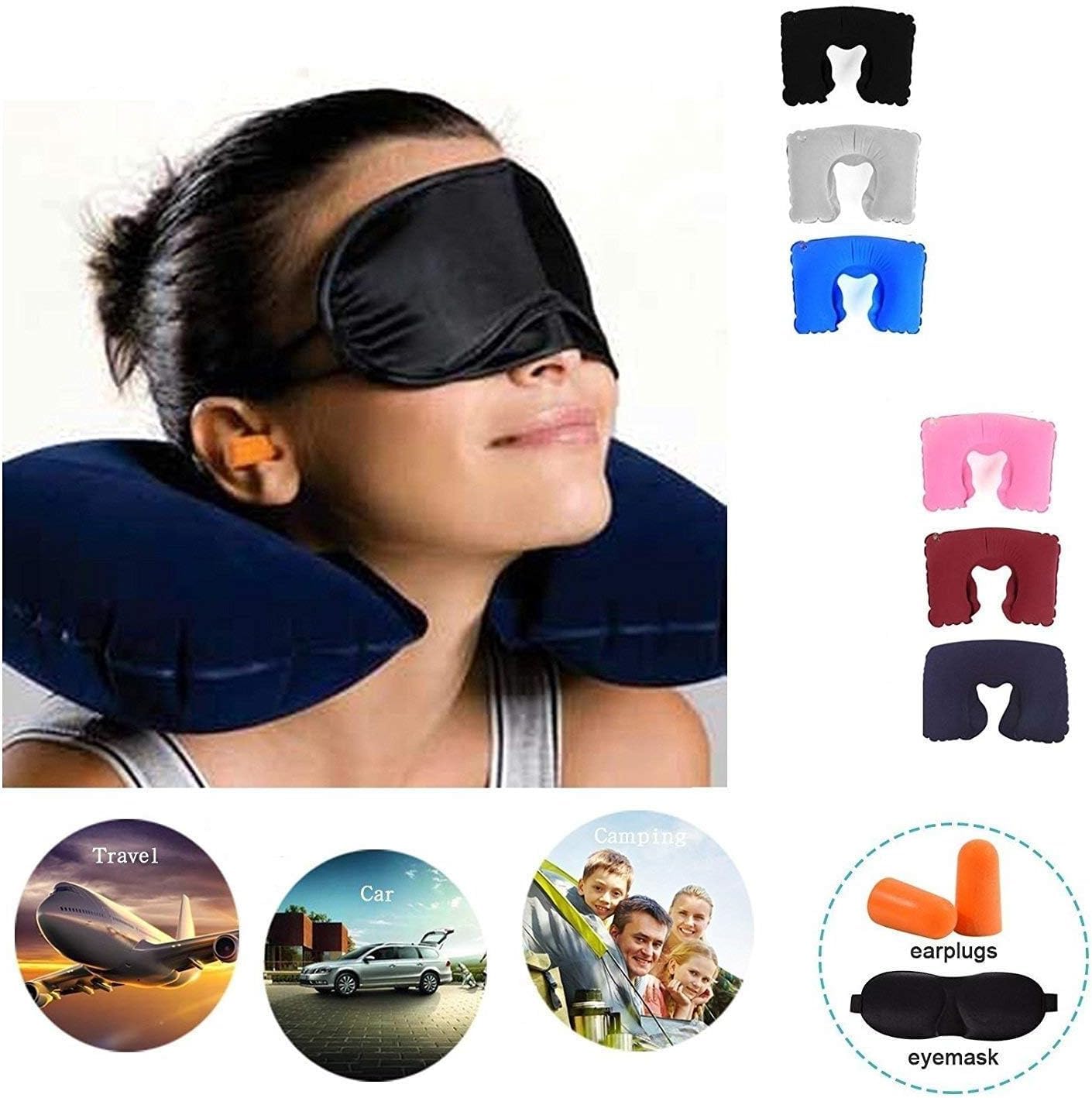 Comfortable Travel Neck Pillow with Adjustable Eye Mask & Soft Ear Plugs - Perfect for Airplane, Car & Office Naps