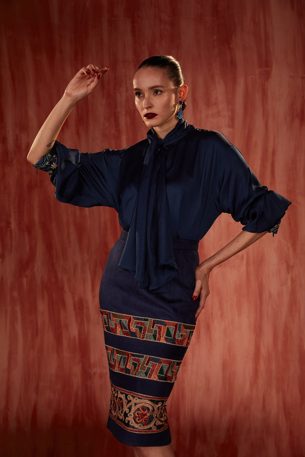 Elegant Navy Blue Bow Tie Blouse for Women - Perfect for Office Wear, Parties & Special Occasions