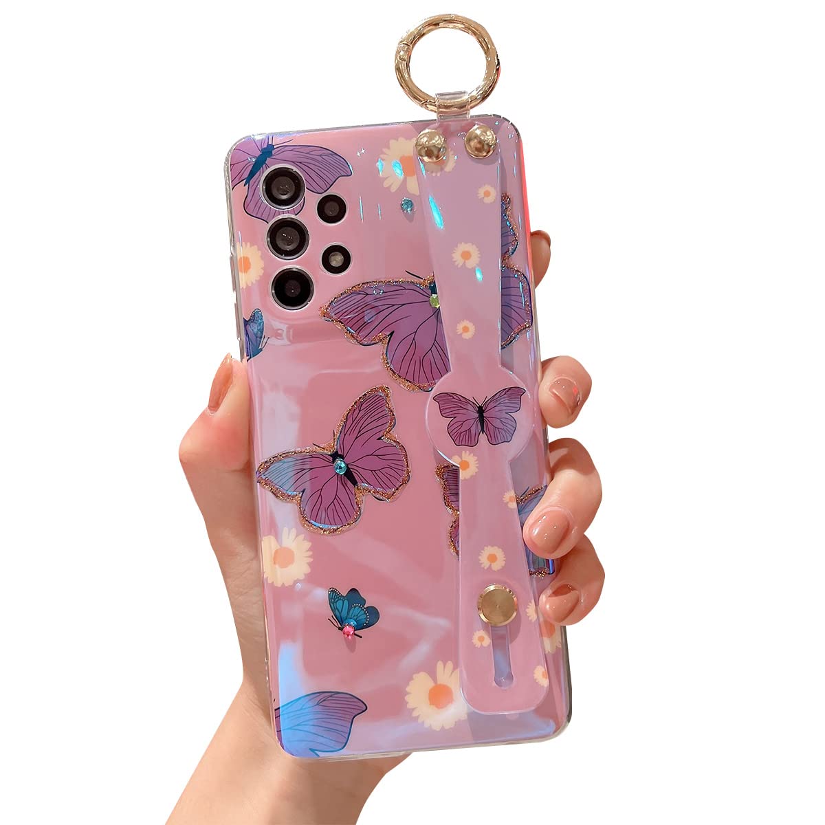 Cute Samsung Galaxy A32 5G Case with Wrist Strap & Kickstand - Glitter Bling Cartoon IMD Soft TPU Shockproof Protective Phone Cover for Women (Purple Butterfly) - Perfect for Daily Use, Work & Travel