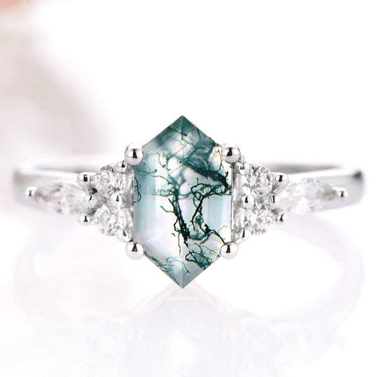 Sonnet Hexagon Green Moss Agate Ring - Sterling Silver Jewelry for Women | Nature-Inspired Healing Crystal Ring for Meditation, Yoga & Spiritual Gifts