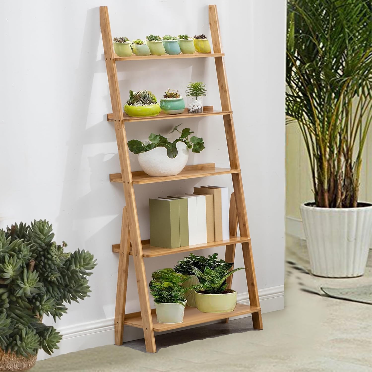 DOUSY 5-Tier Bamboo Ladder Shelf - Freestanding Bookcase, Plant Stand & Storage Organizer for Living Room, Home Office, Bedroom - Natural Wood Display Shelf for Books, Decor & Indoor Plants