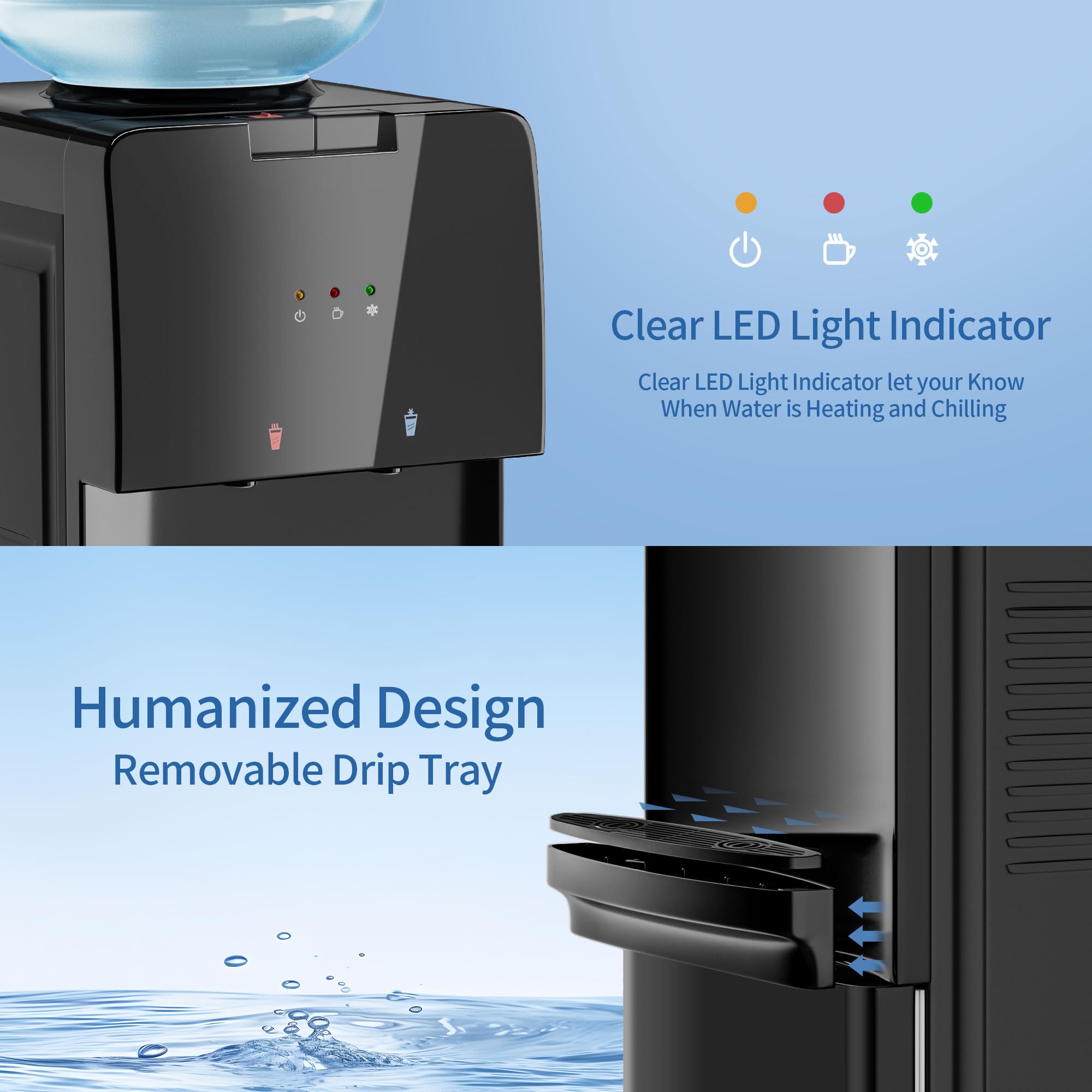 Top Loading Hot and Cold Water Dispenser with 3 Temperature Settings - 3/5 Gallon Bottle Water Cooler with Removable Drip Tray & Child Safety Lock - Perfect for Home, Office, Kitchen, and Living Room Hydration Needs