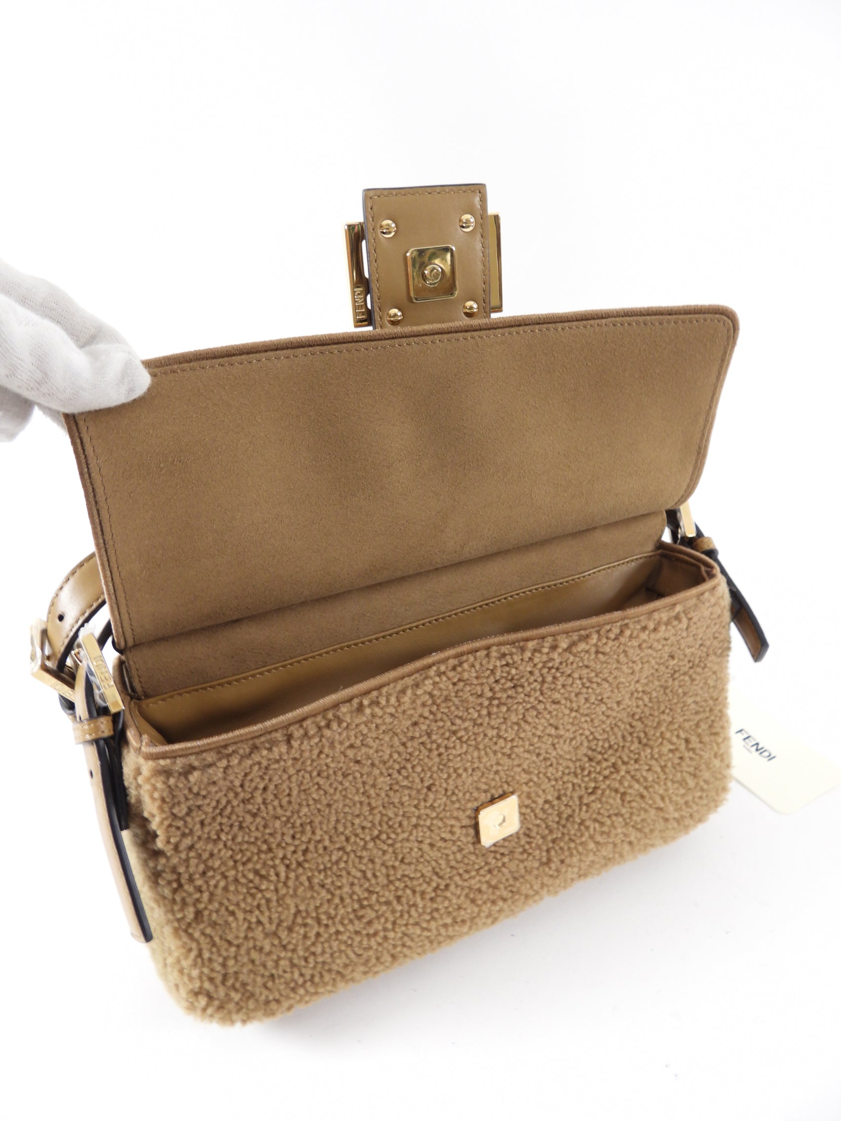Fendi Brown Shearling Double Flap Baguette Bag - Luxury Designer Shoulder Bag for Women | Perfect for Parties, Date Nights & Special Occasions
