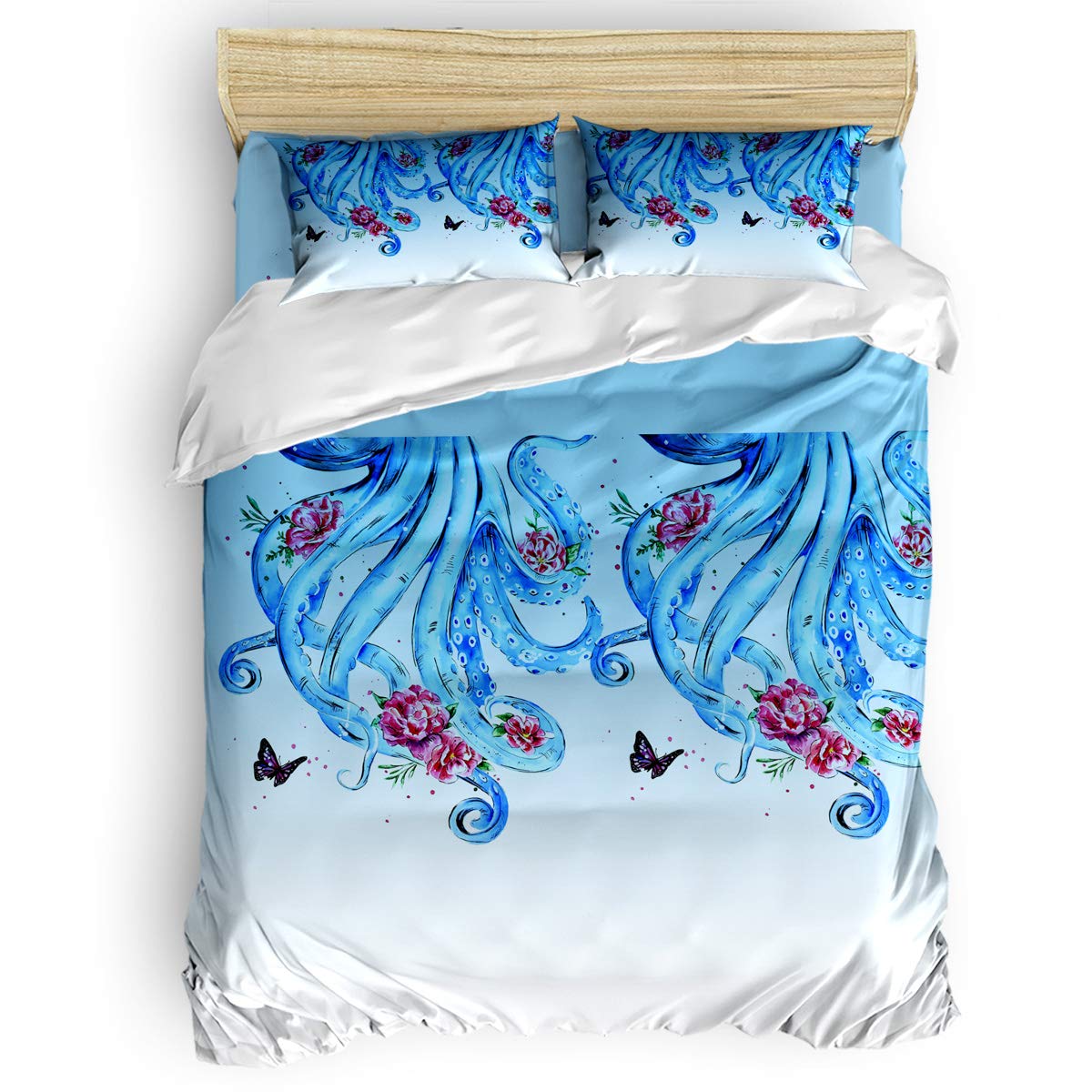 **Blue Octopus & Flowers Twin Duvet Cover Set for Kids - 1 Comforter Cover, 1 Flat Sheet, 2 Pillowcases - Soft Bedding for Boys & Girls - Perfect for Kids' Bedroom, Nursery, or Sleepovers**