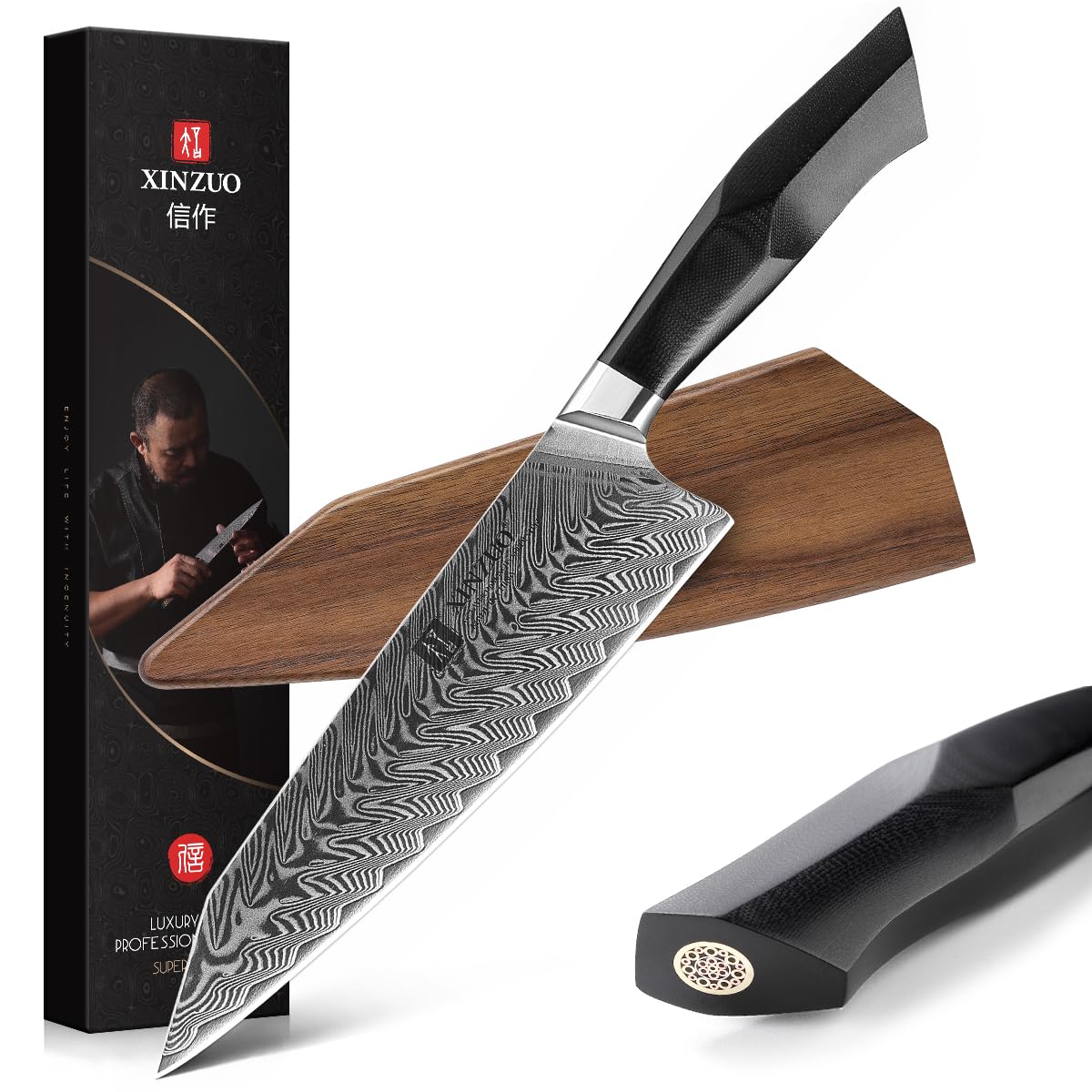 XINZUO 8.5 Inch Damascus Steel Kiritsuke Chef Knife - Professional Forged Gyuto Kitchen Knife with Military Grade G10 Handle & Magnetic Sheath - Perfect for Sushi, Meat Cutting, and Precision Cooking - Feng Series