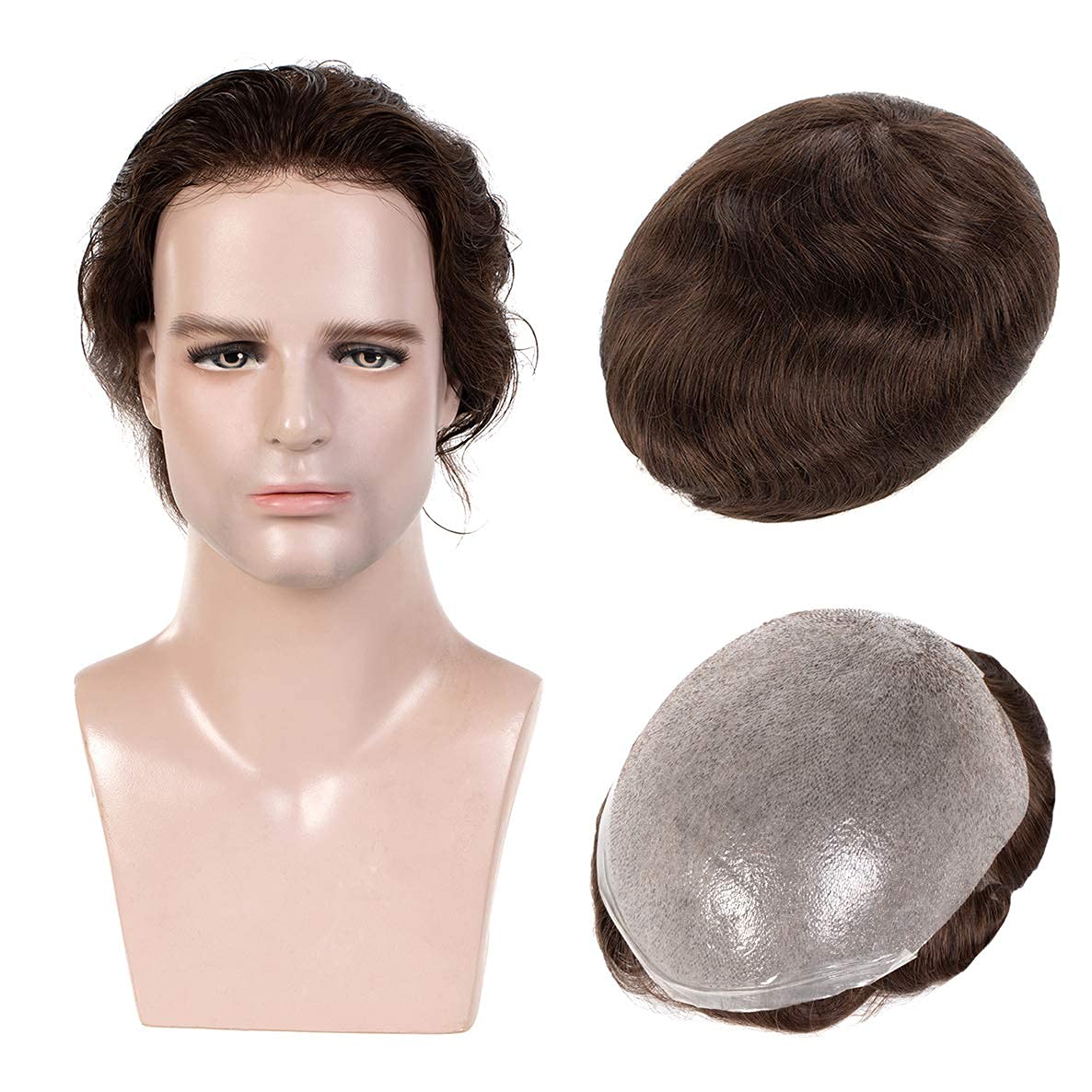 Ultra Thin 0.03mm V Loop Skin Men's Hair Toupee - European Virgin Human Hair Replacement System (Color #4 Light Brown) | Natural Looking Hairpiece for Daily Wear & Special Occasions
