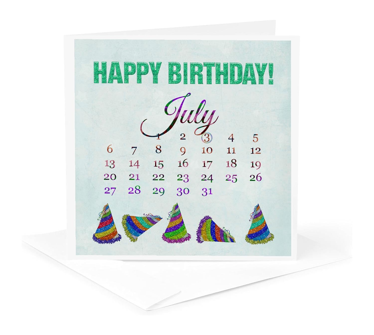 Happy Birthday Greeting Card - July 3rd Celebration with Glitter & Colorful Hats Design - Perfect for Birthday Wishes, Parties & Special Occasions