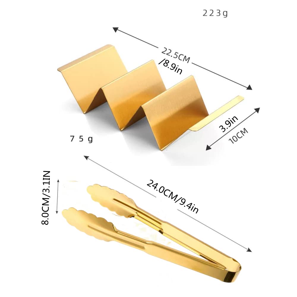 4-Piece Gold Taco Holder Set with Food Tong - Stainless Steel Taco Stand with Handles for Parties & Taco Nights - Holds 3 Tacos Each - Dishwasher & Oven Safe - Perfect for Cinco de Mayo, Game Day & Mexican-Themed Gatherings