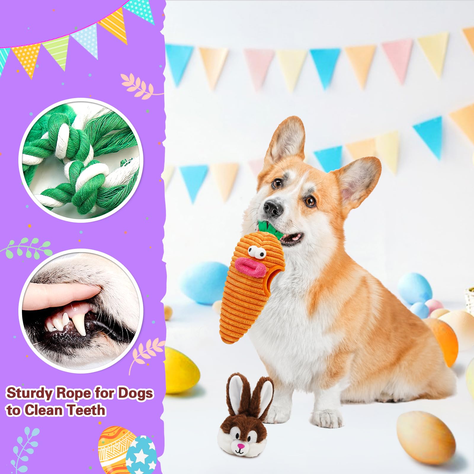 Easter Dog Toys for Small & Medium Dogs - Hide & Seek Squeaky Puzzle Toys with Rope, Cute Bunny & Carrot Design - Interactive Chew Toys for Teething Puppies - Perfect Easter Gift for Dogs & Fun Indoor Playtime