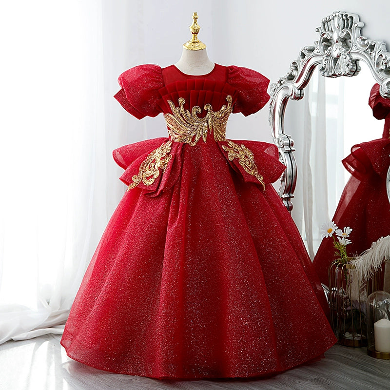 Burgundy Princess Round Floor Length Sequined Flower Girl Dress for Weddings, Pageants & Special Occasions