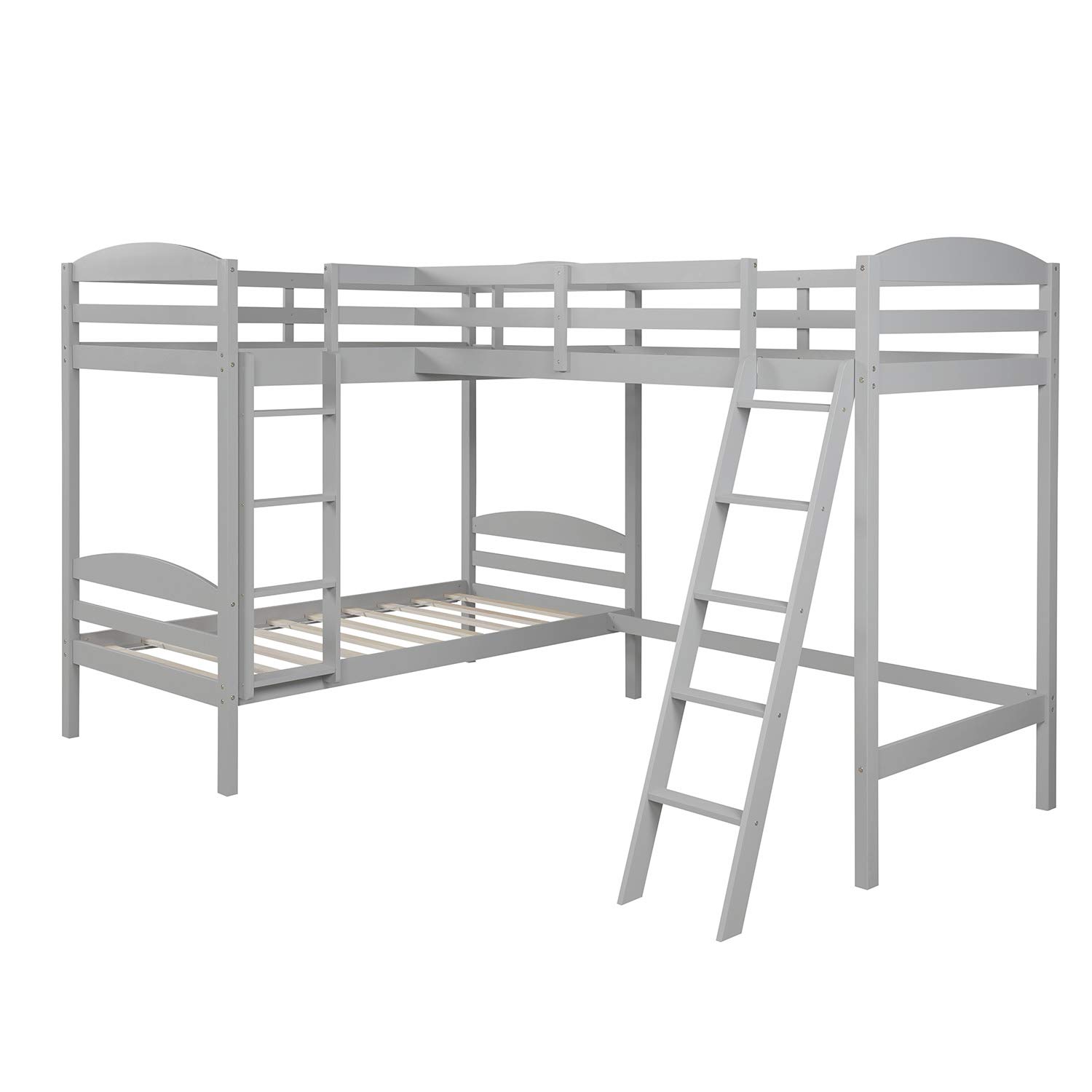 Merax Twin Over Twin L-Shaped Bunk Bed with Loft - Solid Pine Wood Bunk Bed for Kids, Teens & Adults - Space-Saving Gray Bunk Bed for Small Rooms - No Box Spring Needed - Perfect for Dorm, Bedroom & Guest Room