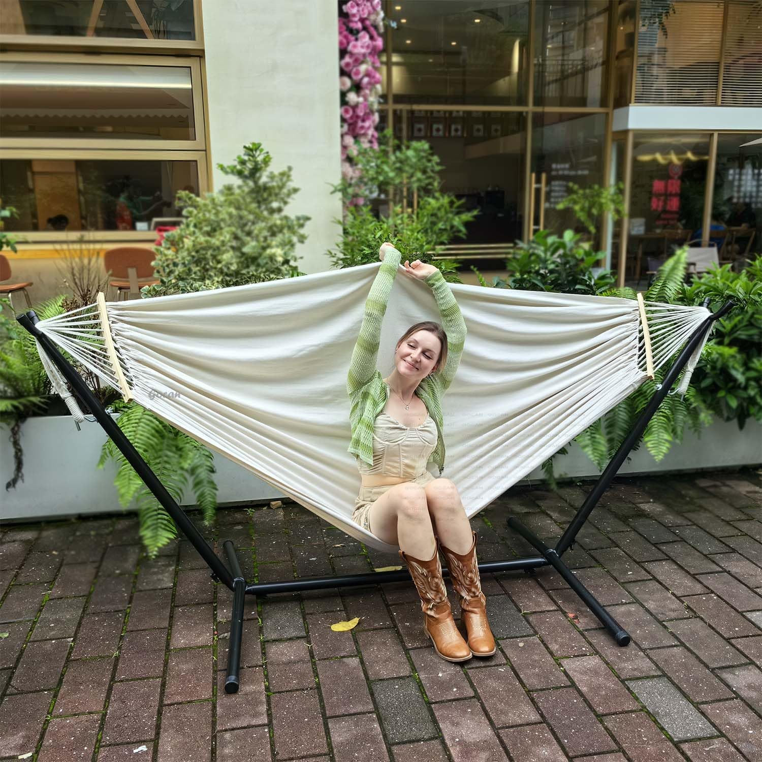 Double Hammock for 2 Persons - Large 220x150cm with Steel Stand & Removable Spreader Bar - Supports 500lb - Heavy Duty Canvas Cotton Hammock for Patio, Porch, Garden, Backyard - Perfect for Outdoor Relaxation & Indoor Lounging
