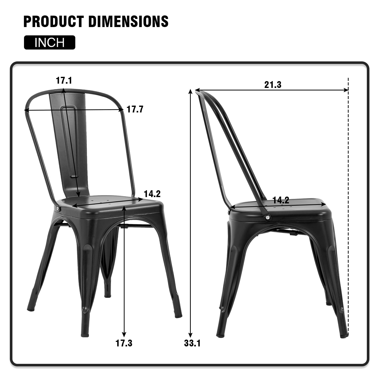 PayLessHere 18 Inch Metal Dining Chairs - Stackable Tolix Style Kitchen Chairs with 330 LBS Capacity - Sturdy Indoor & Outdoor Metal Seating for Restaurants, Patios, and Home Dining Areas