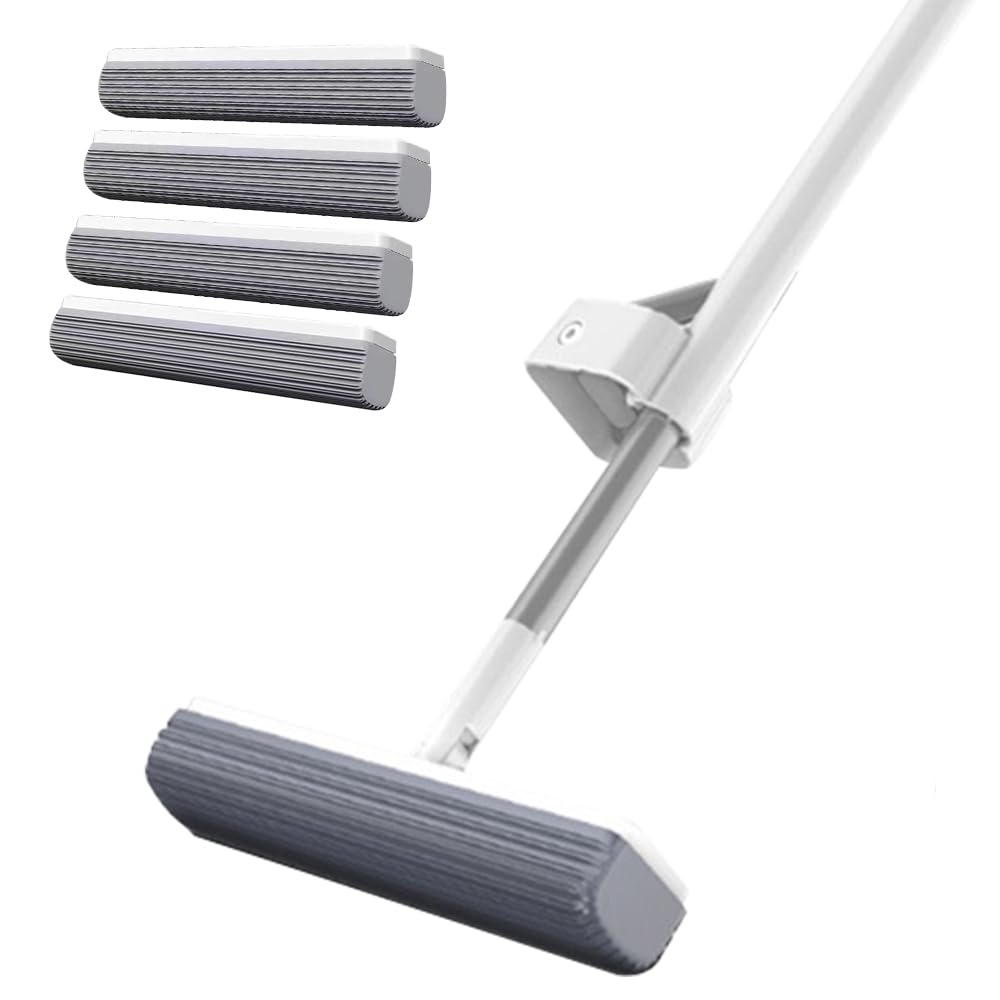 Self-Wringing Sponge Mop for Floor Cleaning - Hands-Free Roller Sponge Mop with 4 Replaceable Heads - Ideal for Kitchen, Bathroom & Hardwood Floors - Easy Self-Washing & Squeezing Design for Effortless Cleaning