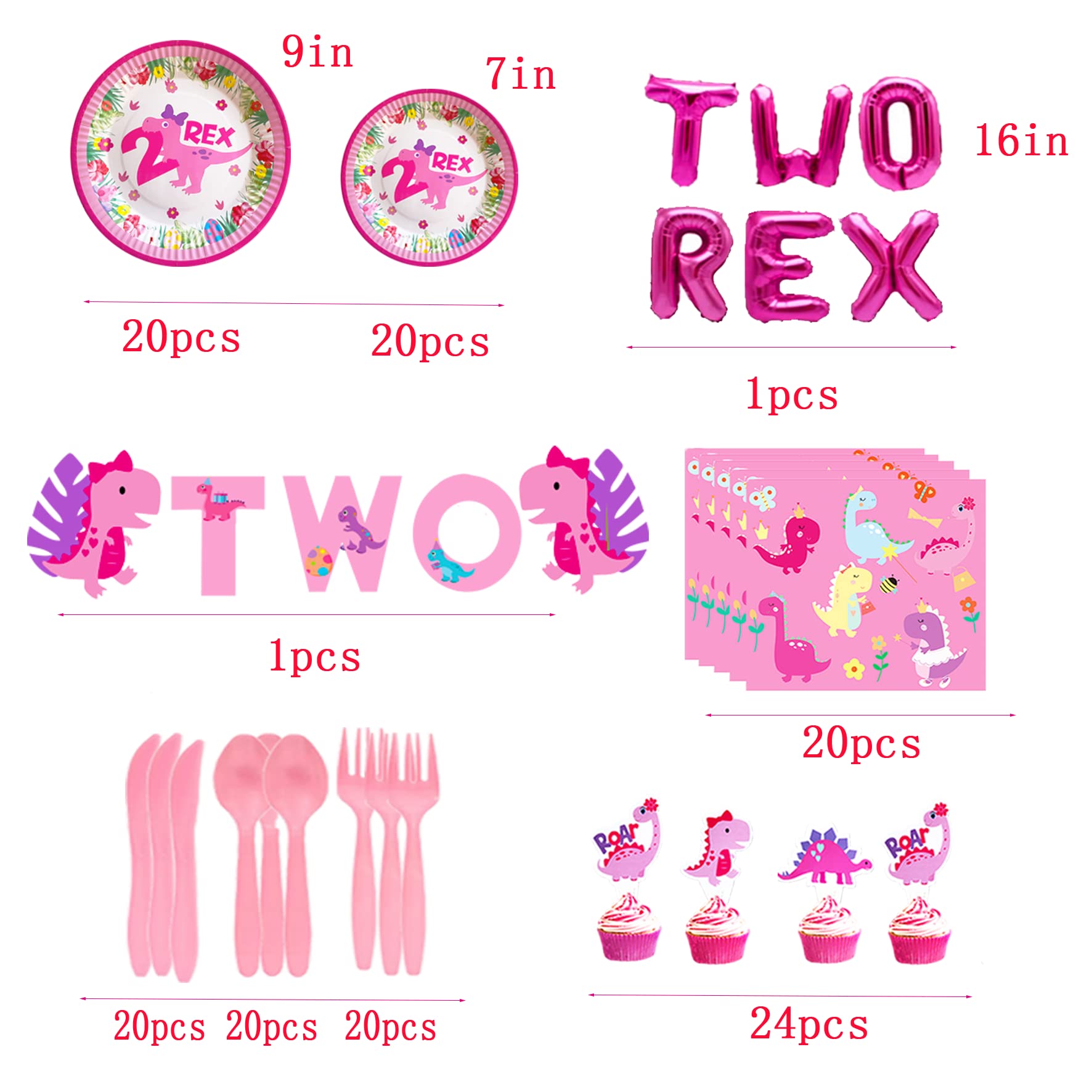 Pink Dinosaur 2nd Birthday Party Decorations for Girls - Two Rex Theme Party Supplies - Perfect for 2 Year Old Birthday Celebrations, Baby Showers & Dinosaur Themed Events