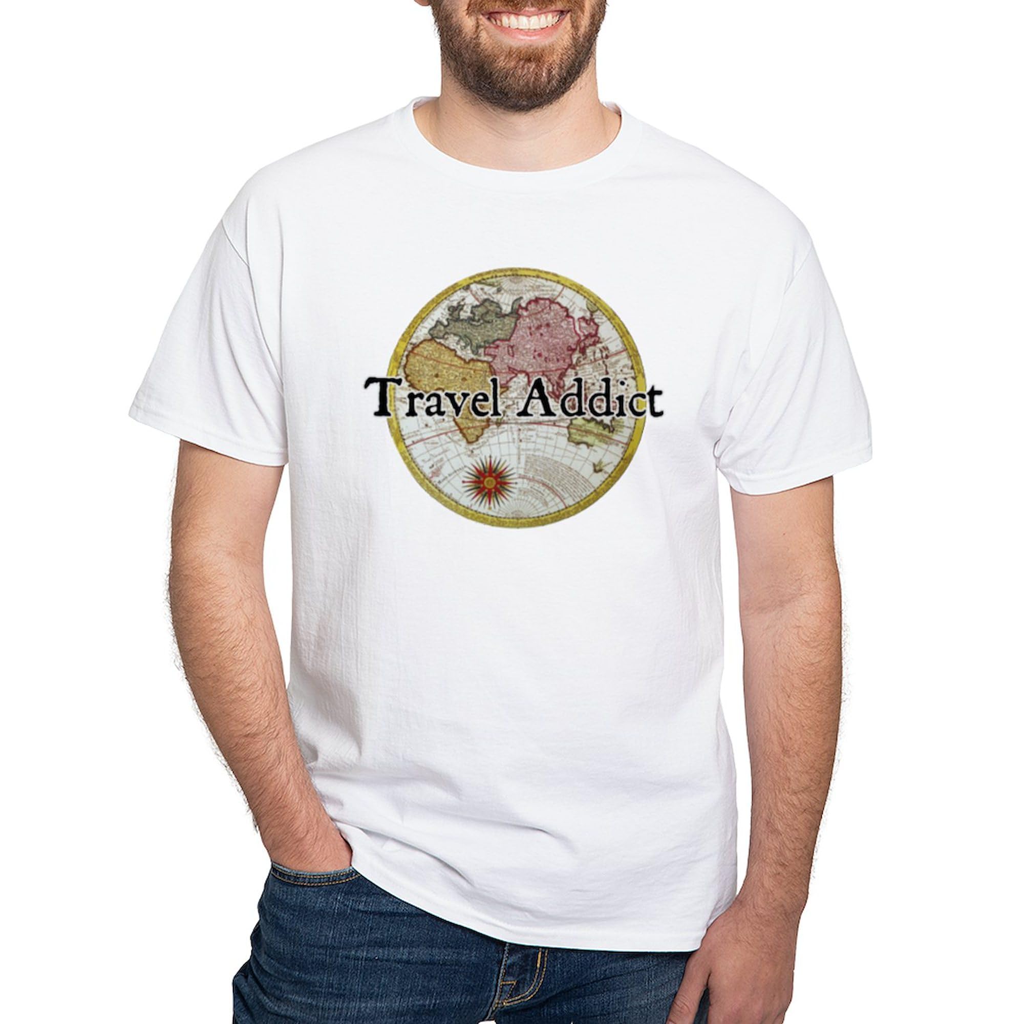 Travel Addict 'Style 2' Black Graphic T-Shirt for Men - 100% Cotton Classic White Print Tee - Perfect for Road Trips, Vacations & Adventure Travel