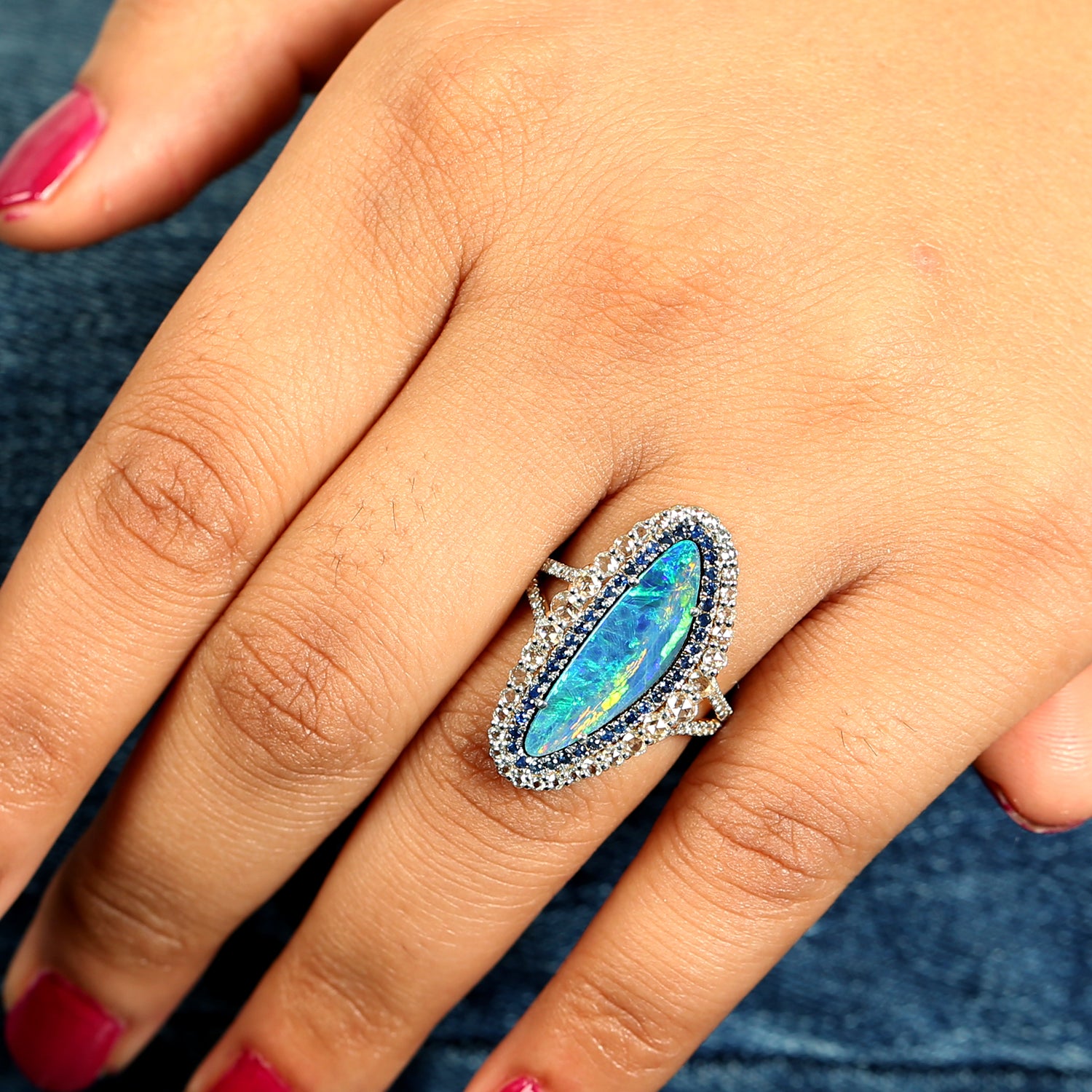 Exquisite Faceted Blue Sapphire & Diamond Trillion Opal Doublet Yellow Gold Ring for Women | Elegant Jewelry Gift for Anniversary, Engagement & Special Occasions
