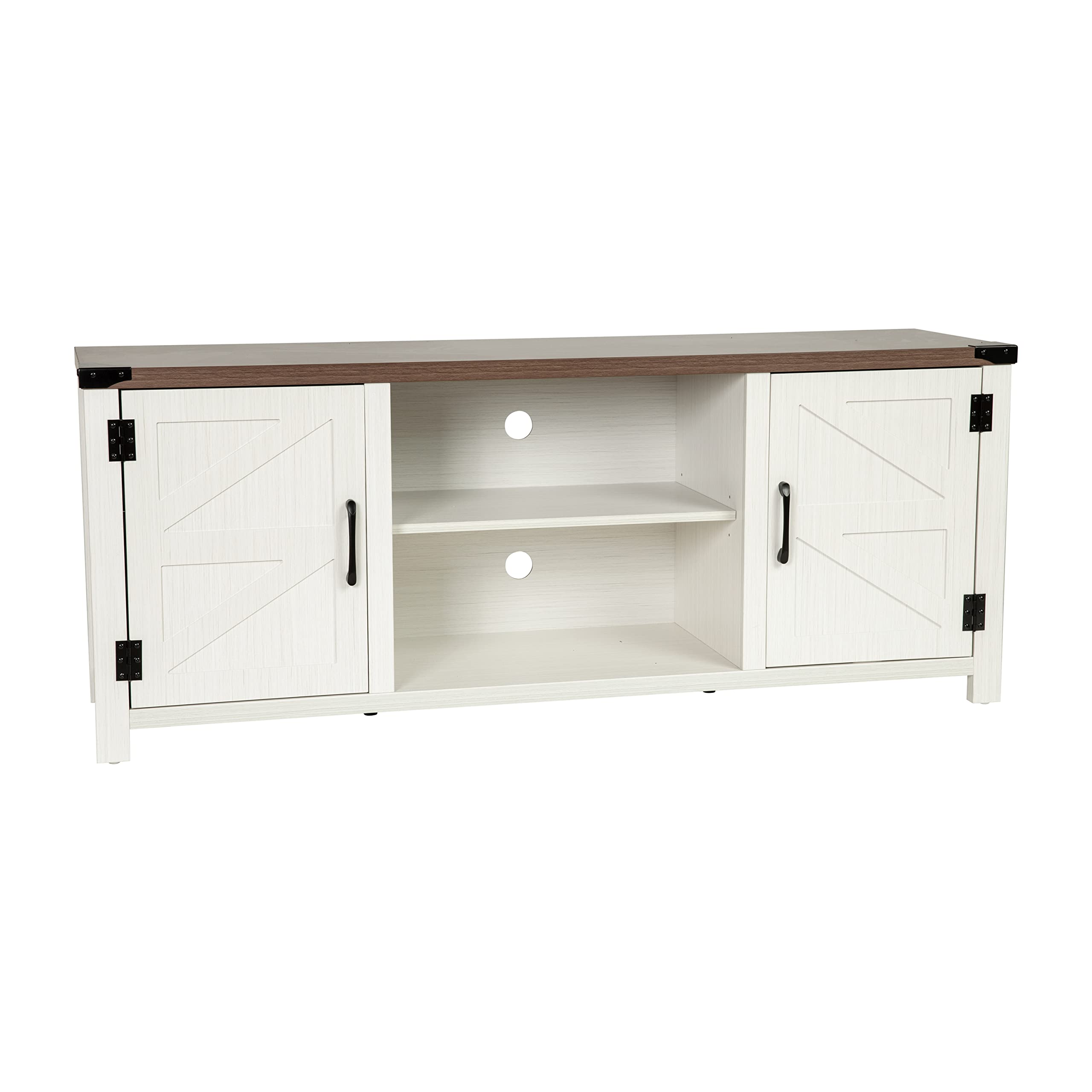 Modern Farmhouse Barn Door TV Stand - White Wash 59 Inch Entertainment Center for 65 Inch TVs - Adjustable Middle Shelf - Perfect for Living Room, Bedroom & Home Theater Decor