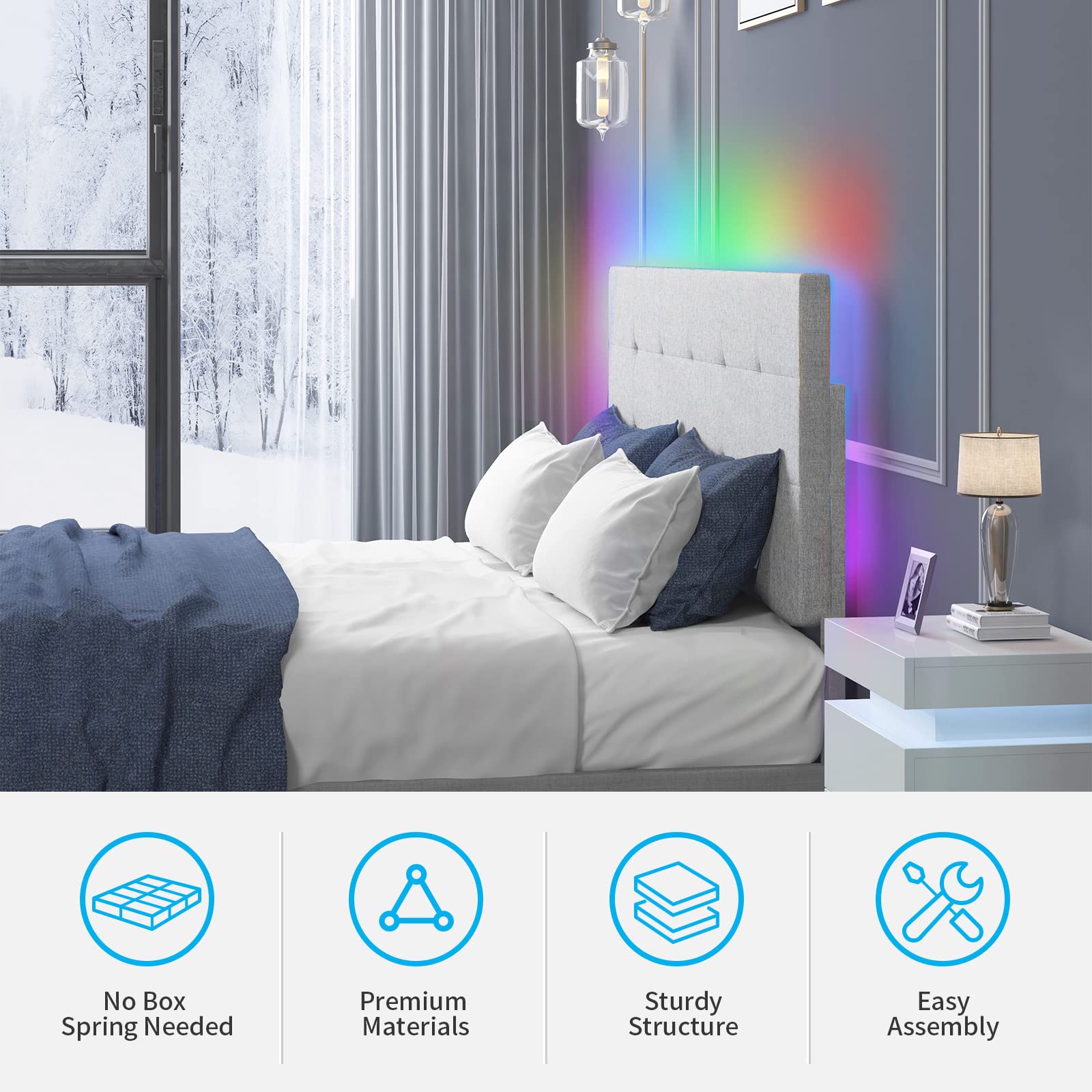 Full Size Bed Frame with Smart RGB LED Lights - Button Tufted Upholstered Platform Bed with Adjustable Headboard, Linen Fabric, No Box Spring Needed (Light Grey) - Perfect for Modern Bedrooms, Gaming Rooms & Teen Rooms