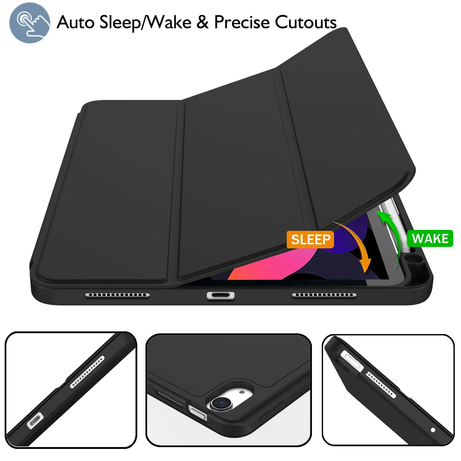 ZryXal iPad Air 11 Inch Case M3 2025 / M2 2024 - Slim Protective Cover for iPad Air 5th Gen/4th Gen 2022/2020 10.9 Inch - Supports Touch ID & Auto Wake/Sleep (New Black) | Perfect for Work, School & Travel Protection