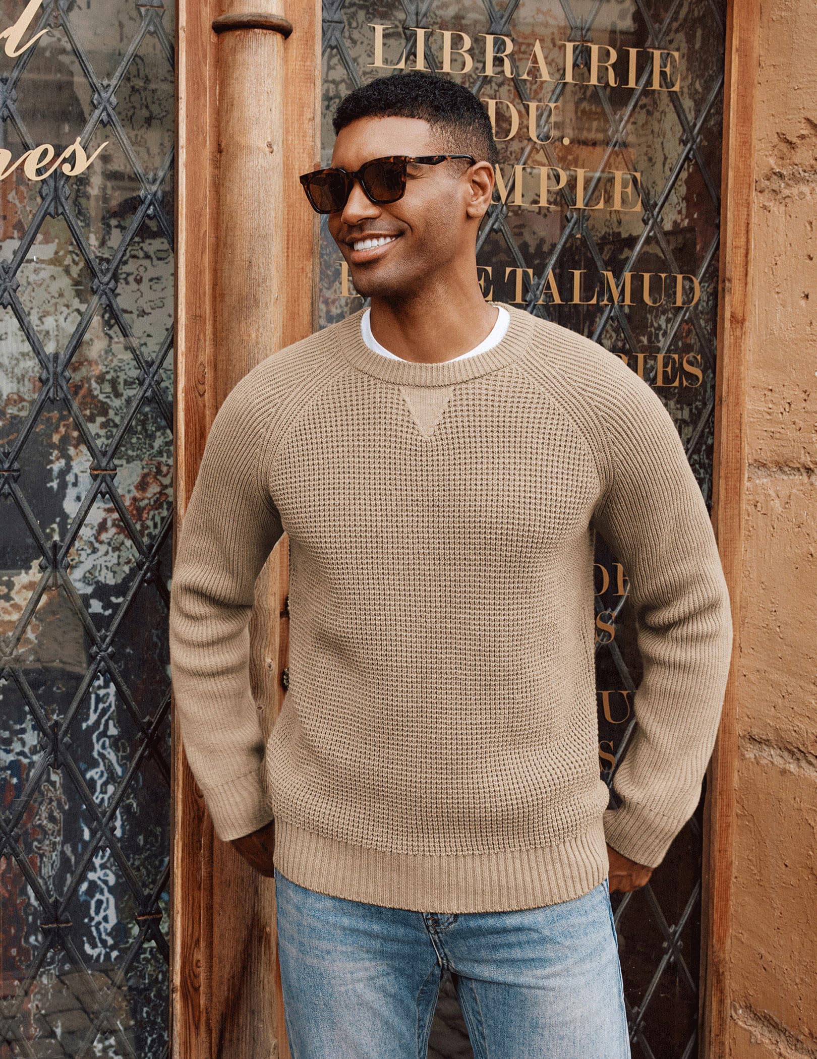 PJ PAUL JONES Men's Waffle Knit Crewneck Sweater - Raglan Sleeve Pullover for Casual Wear, Office & Winter Outfits | Soft Knitwear for Men