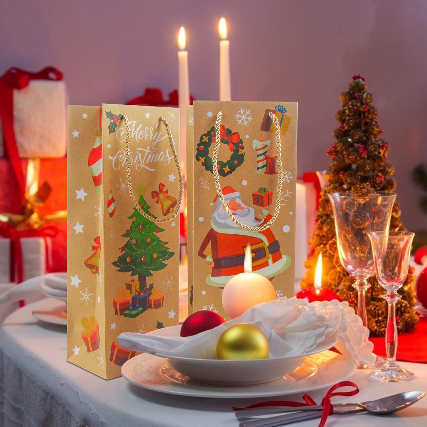 12 Pack Christmas Wine Gift Bags with Handles - Kraft Holiday Wine Bottle Bags for Party Favors & Gifts - Perfect for Christmas Parties, Hostess Gifts & Wine Exchanges