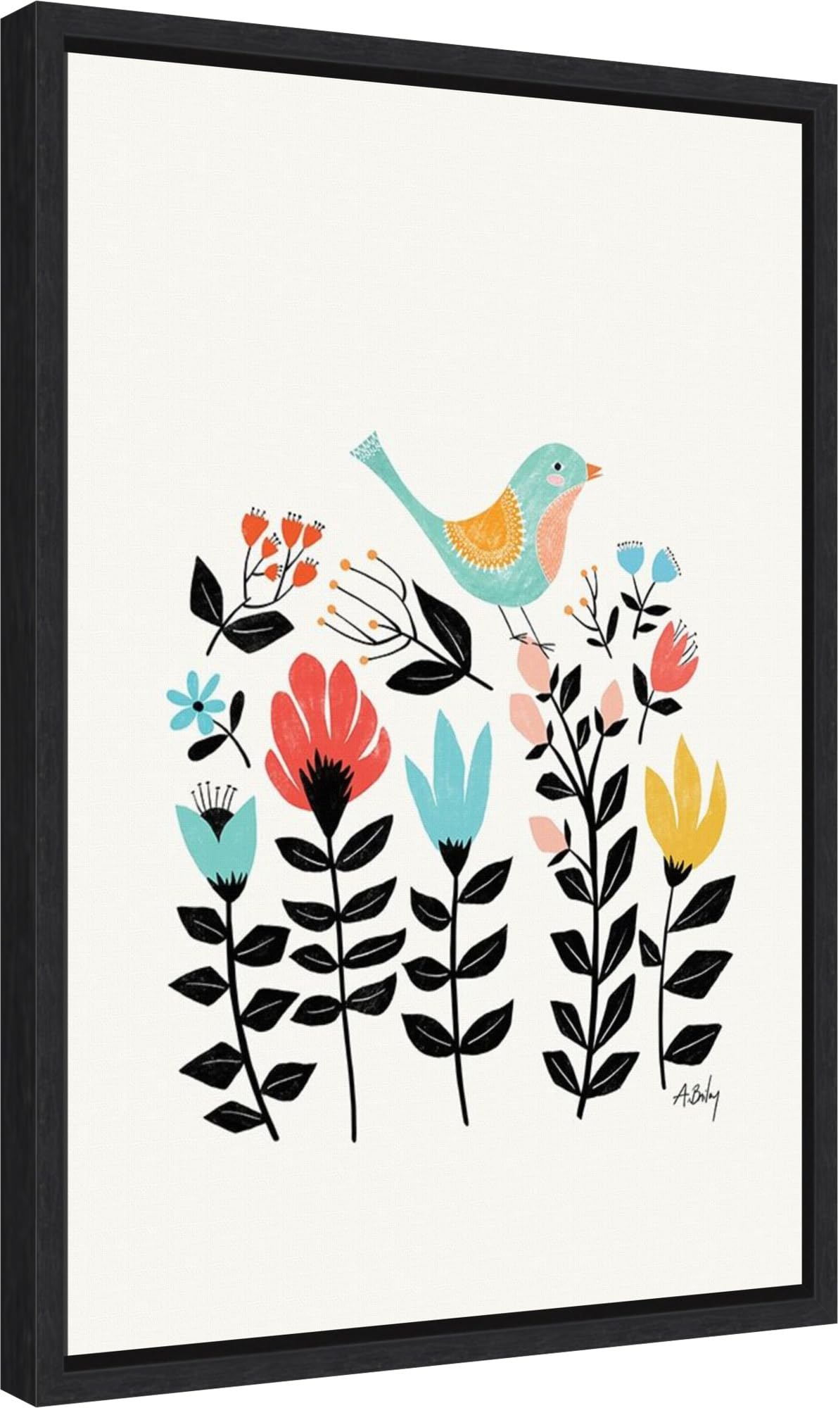 Amanti Art Framed Canvas Wall Art 23x16 - Folk Art Garden Bird Painting by Annie Bailey, Handcrafted Framed Wall Decor, Modern Animal Artwork for Living Room, Bedroom, Bathroom | Perfect for Home Decor, Housewarming Gift & Interior Design